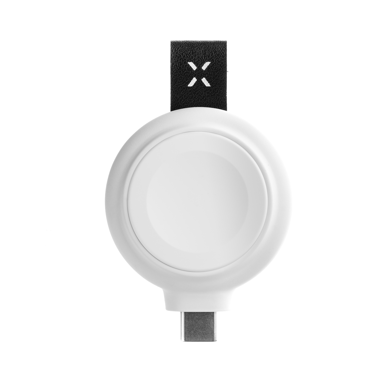 Ein weißes, rundes Apple Watch-Ladegerät mit USB-C-Anschluss und einer kleinen schwarzen Halteschlaufe oben.