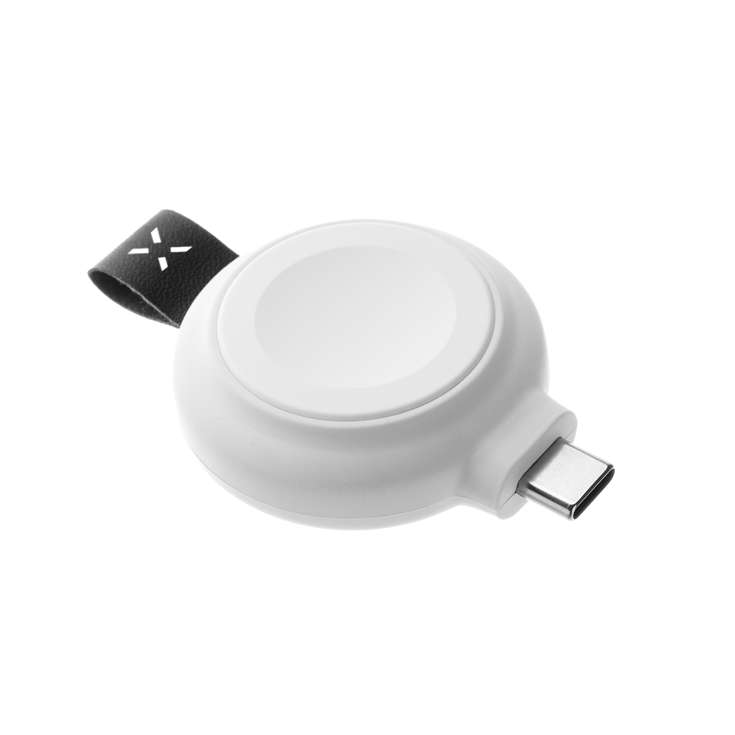 Ein weißes, rundes Ladekabel mit USB-C-Stecker und einer schwarzen Lasche auf weißem Hintergrund.