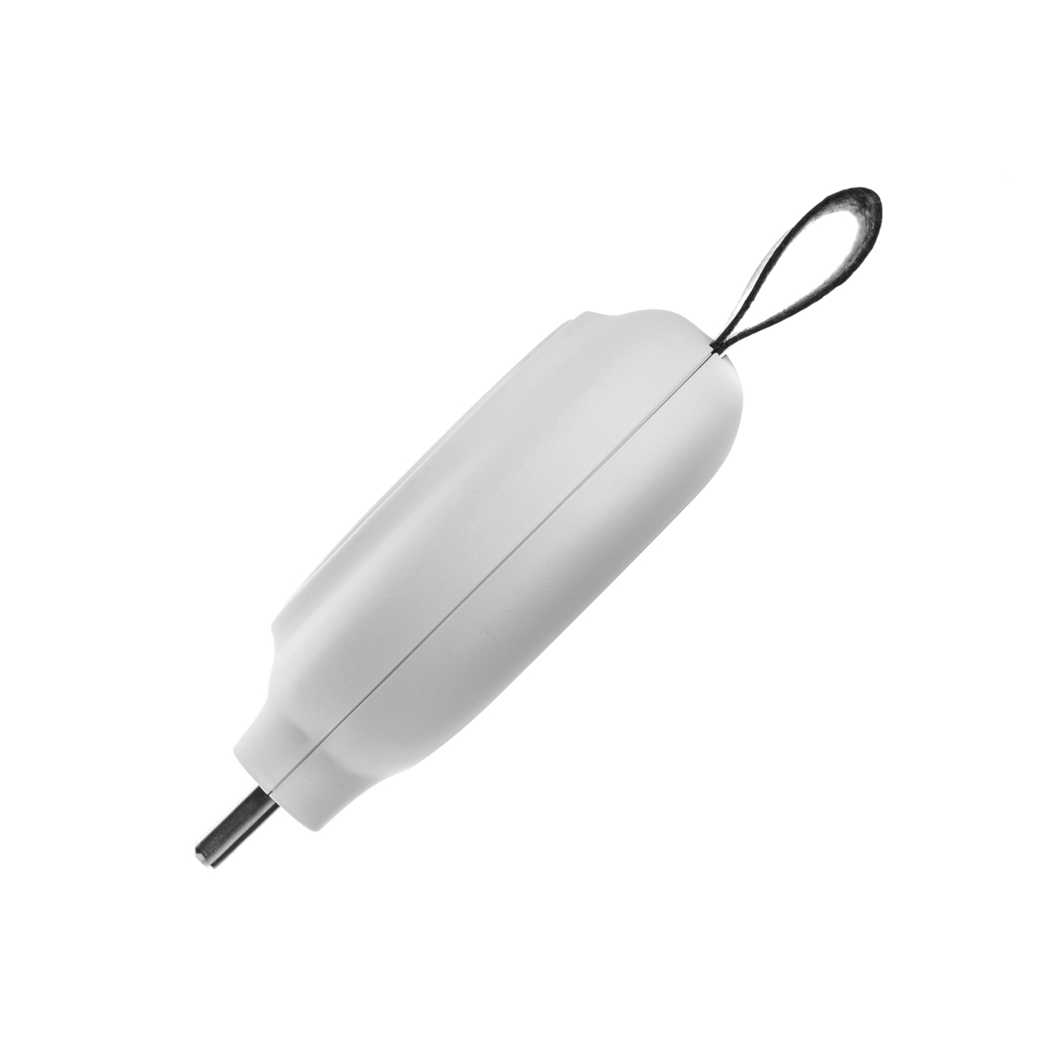 Ein weißes technisches Gerät mit einer Schlaufe und einem kleinen Metallstift auf weißem Hintergrund.