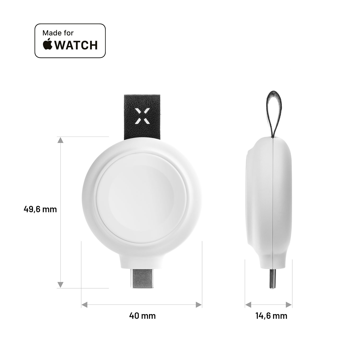 Technische Zeichnung eines weißen Apple Watch-Ladegeräts mit Maßen von 49,6 mm, 40 mm und 14,6 mm.