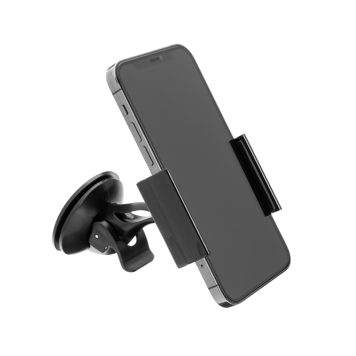 Ein schwarzes Smartphone auf einer schwarzen Saugnapf-Autohalterung vor weißem Hintergrund.