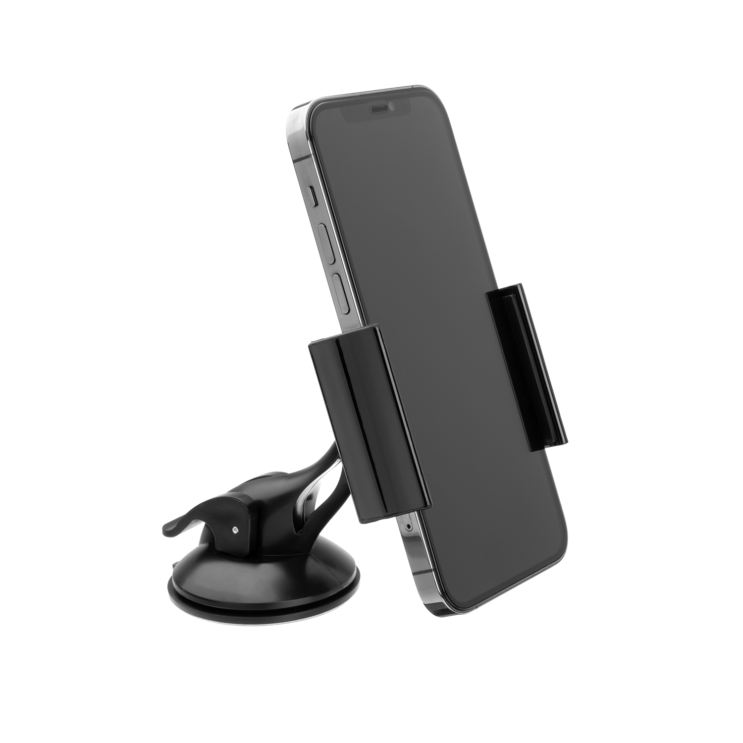 Ein schwarzes Smartphone ist in einer schwarzen Saughalterung auf weißem Hintergrund befestigt.