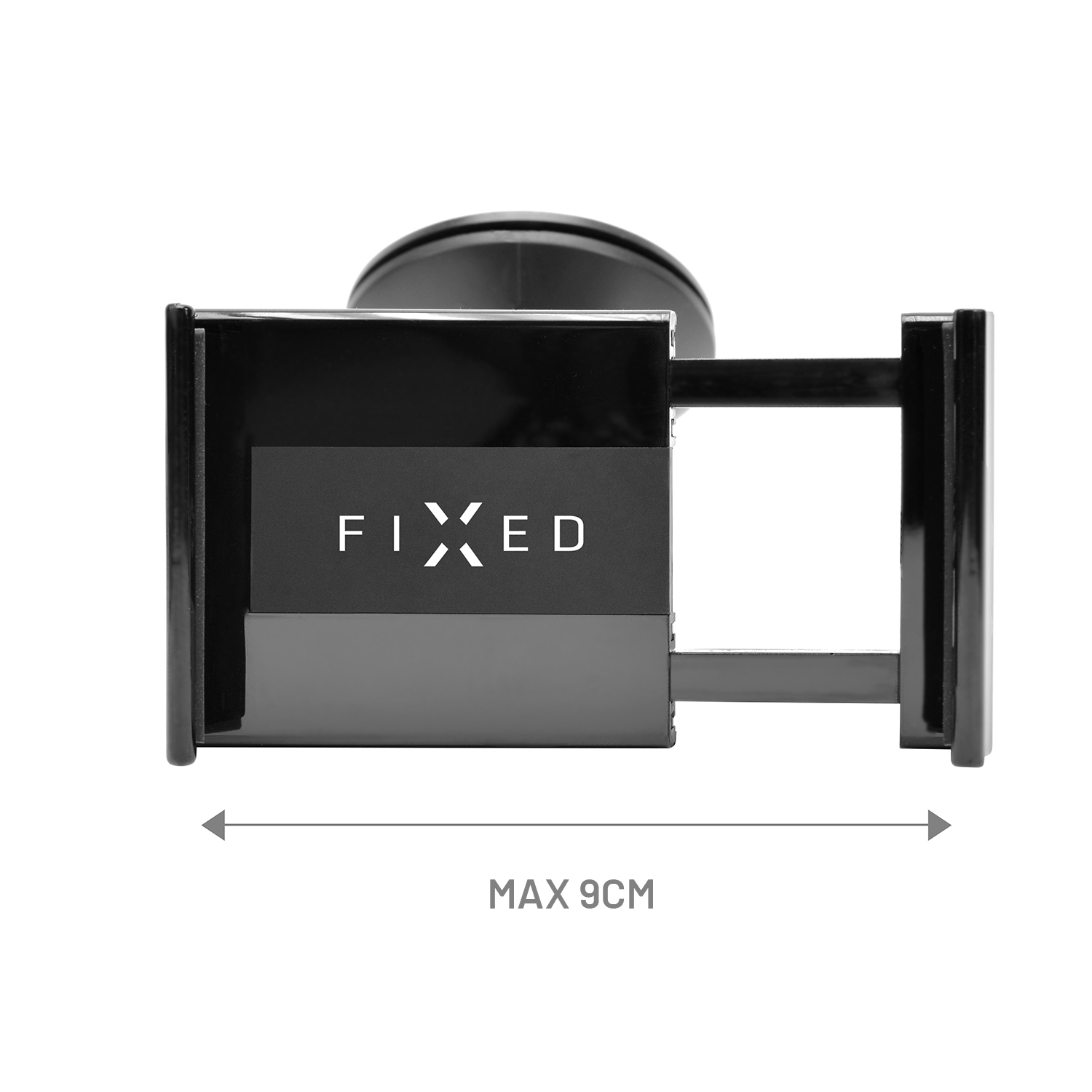 Ein schwarzer FIXED Smartphone-Halter mit ausgefahrener Klemme und max. 9 cm Breitenangabe.