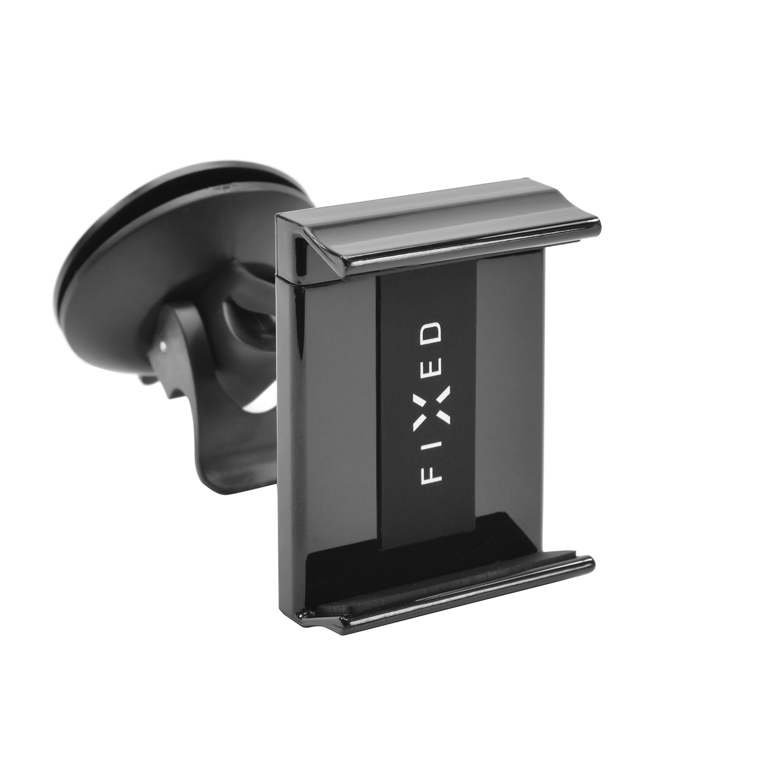 Schwarzer Handyhalter mit Saugnapf und Aufschrift FIXED auf weißem Hintergrund.