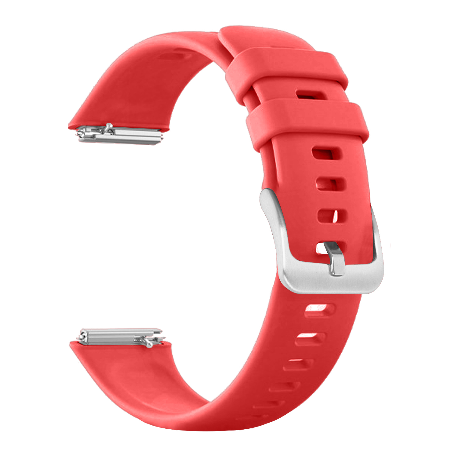Una correa de reloj de silicona roja brillante con una hebilla y conectores plateados sobre fondo blanco.