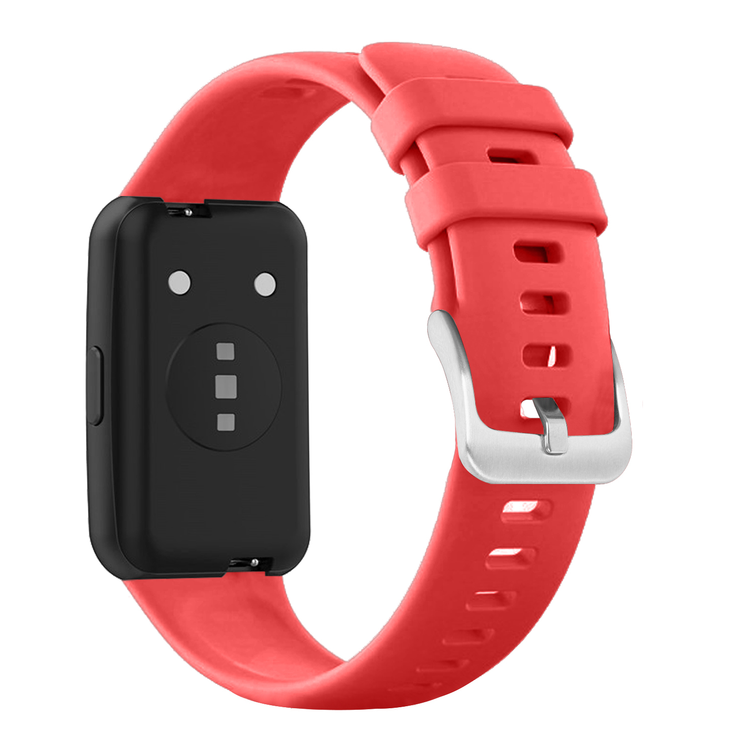 Un reloj inteligente negro con correa de silicona roja y hebilla metálica plateada sobre fondo blanco.