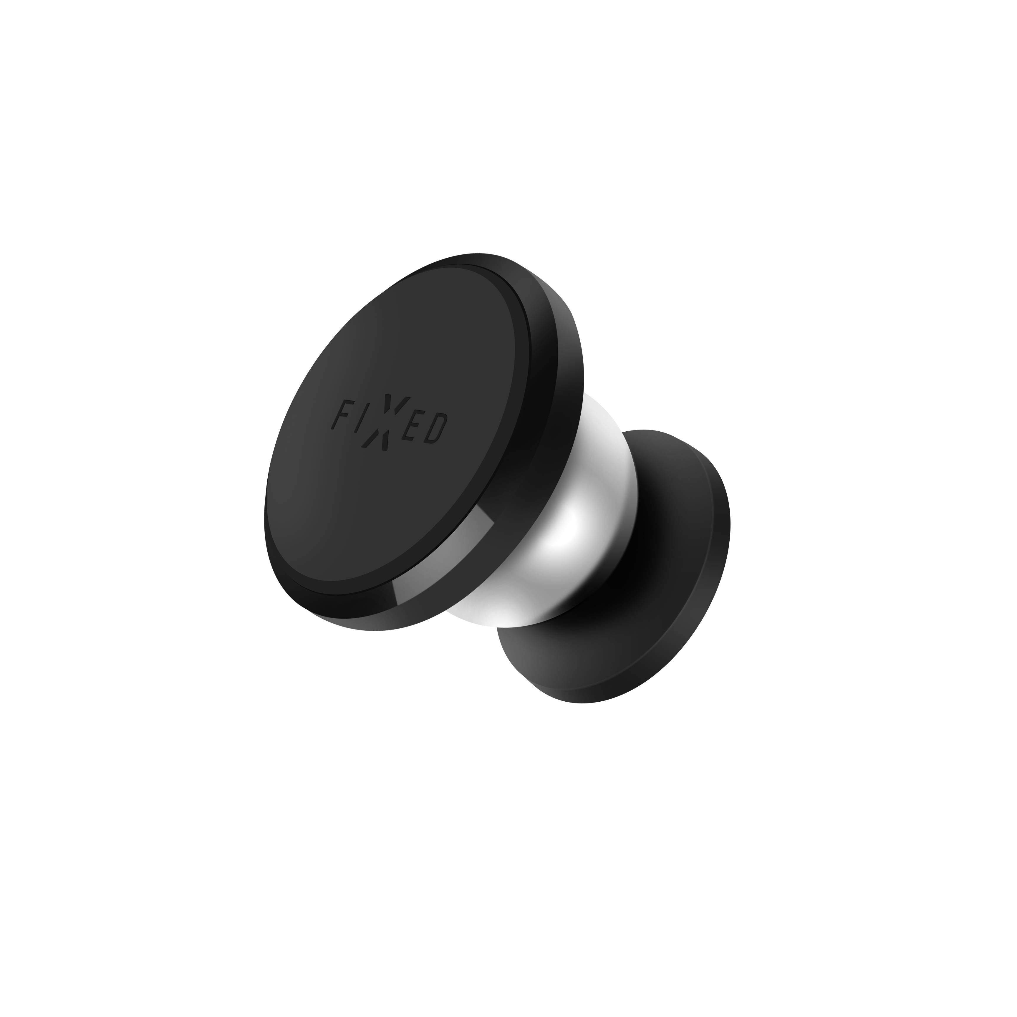 Schwarzer magnetischer Telefonhalter mit silbernem Kugelgelenk und weißem Hintergrund.