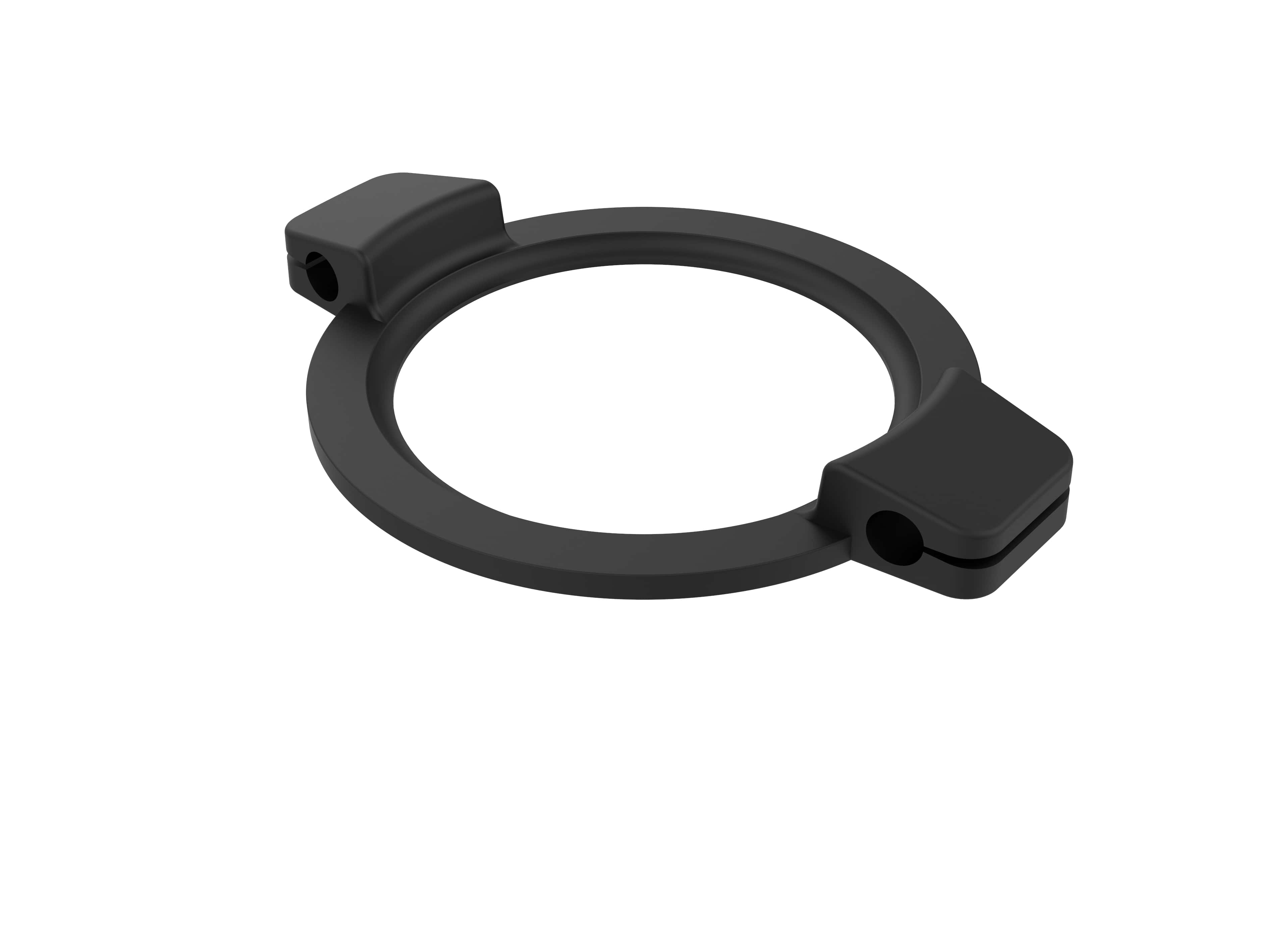 Ein schwarzer, runder Ring aus Kunststoff mit zwei gegenüberliegenden Befestigungsklammern.