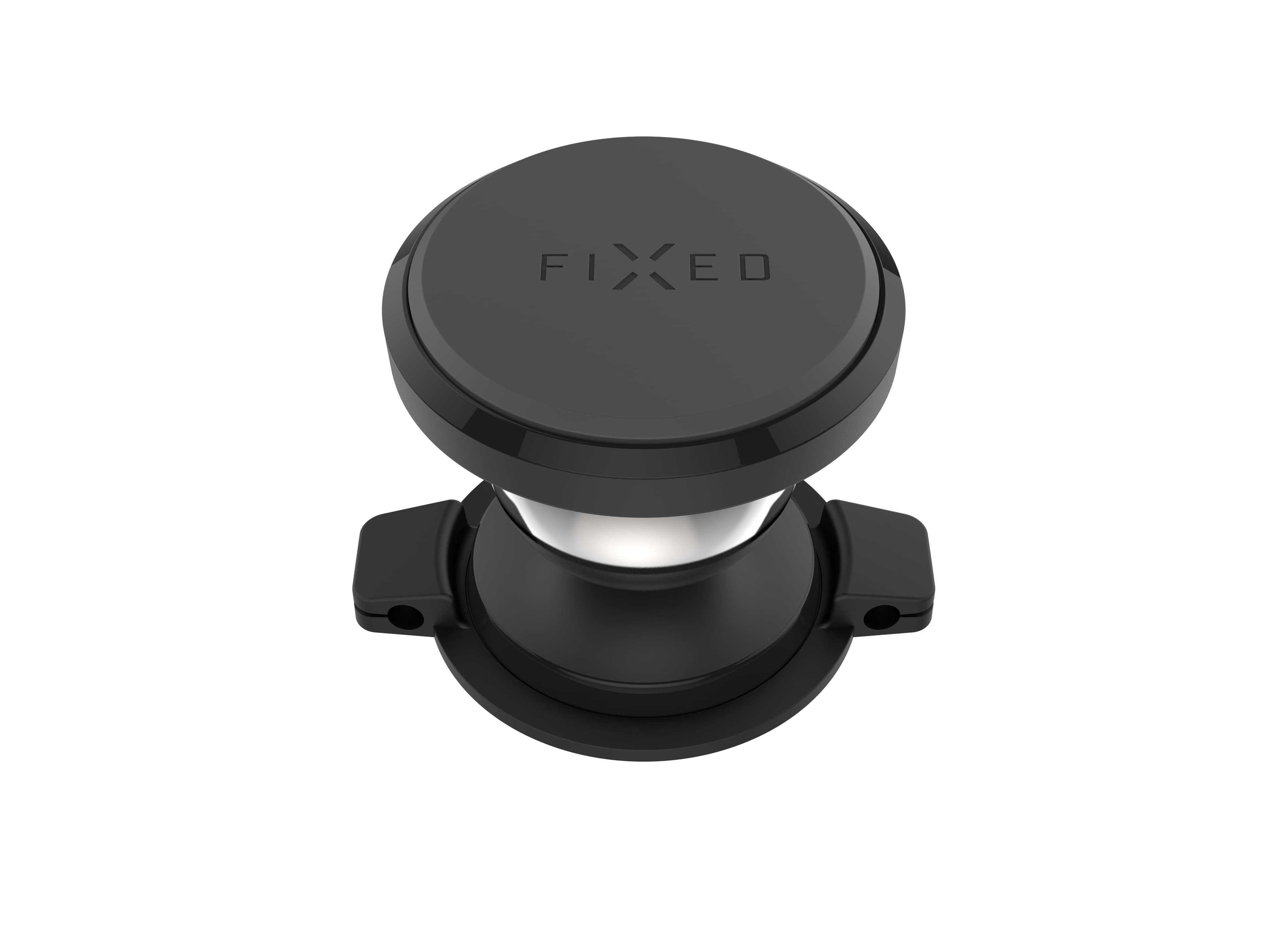 Ein schwarzer FIXED-Magnet-Autohandhalter mit runder Oberfläche auf weißem Grund.