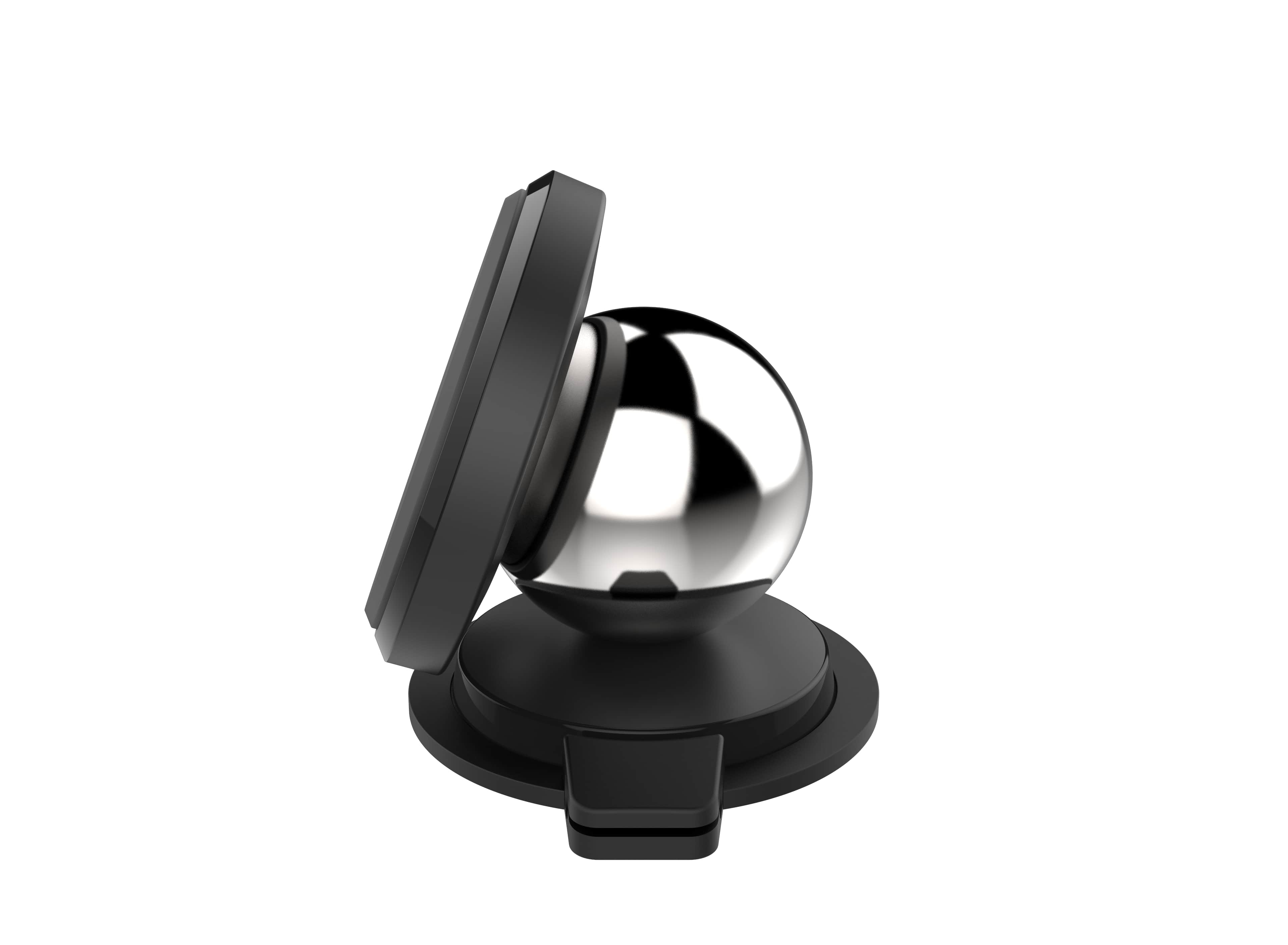 Ein magnetischer Autotelefonhalter mit einer silbernen Kugel und schwarzem Sockel.