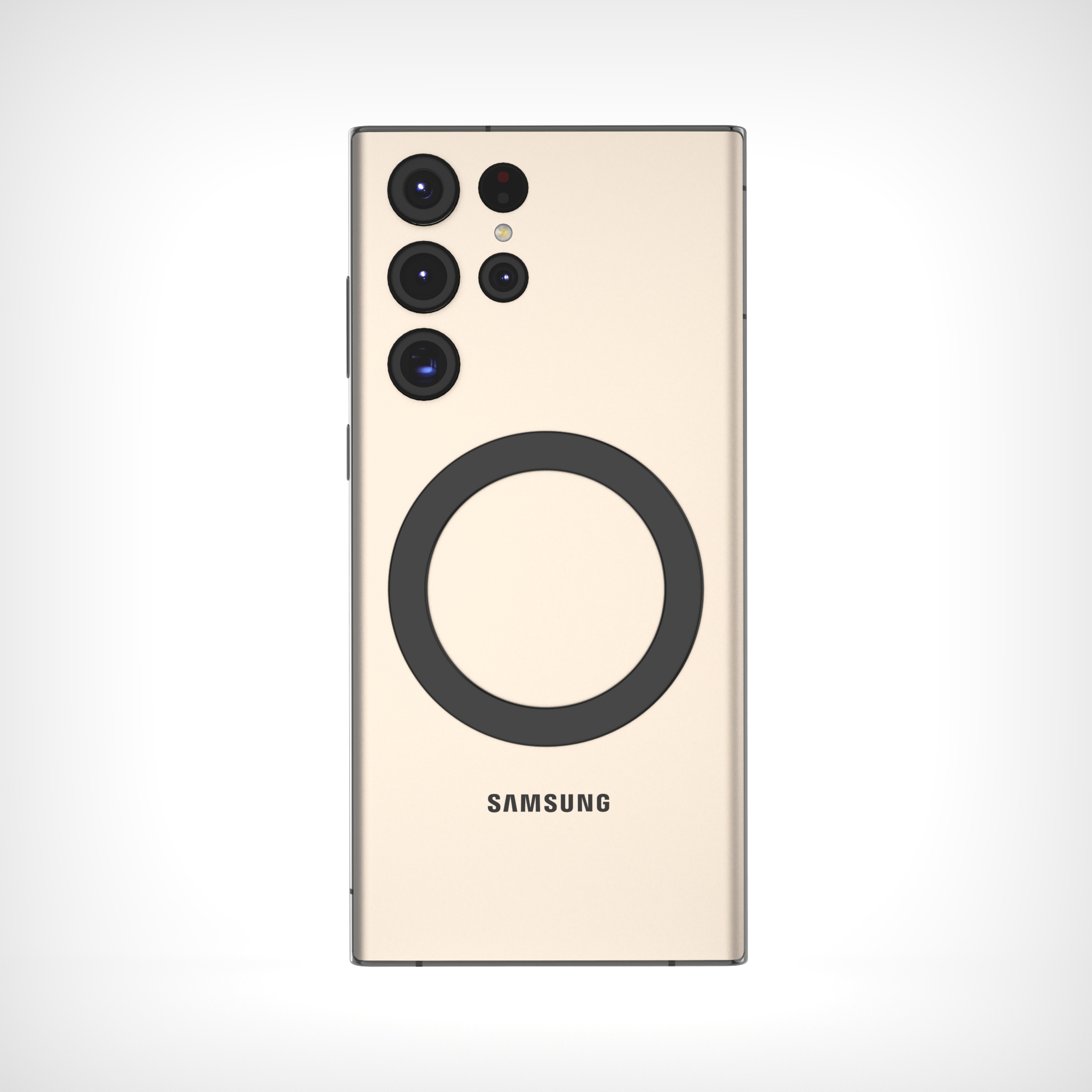 Rückseite eines beigen Samsung-Smartphones mit vier Kameras und einem runden schwarzen MagSafe-Ring.