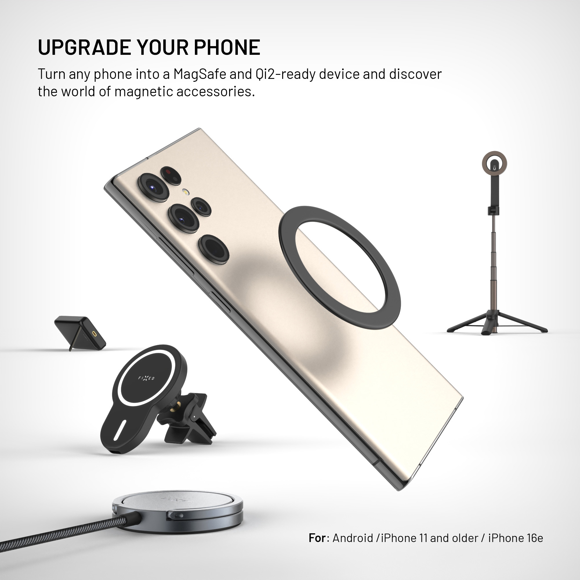 Smartphone mit magnetischem Ring und verschiedenen MagSafe-Zubehörteilen auf weißem Hintergrund.
