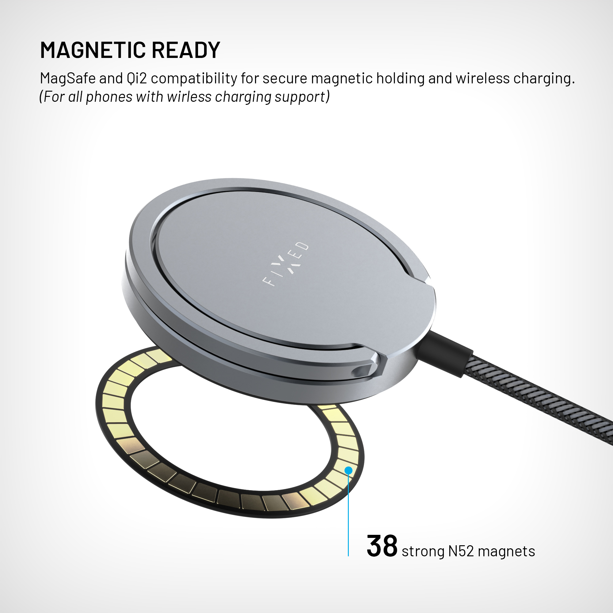Ein silbernes magnetisches Ladegerät mit schwarzem Kabel und einem Ring aus 38 Magneten.