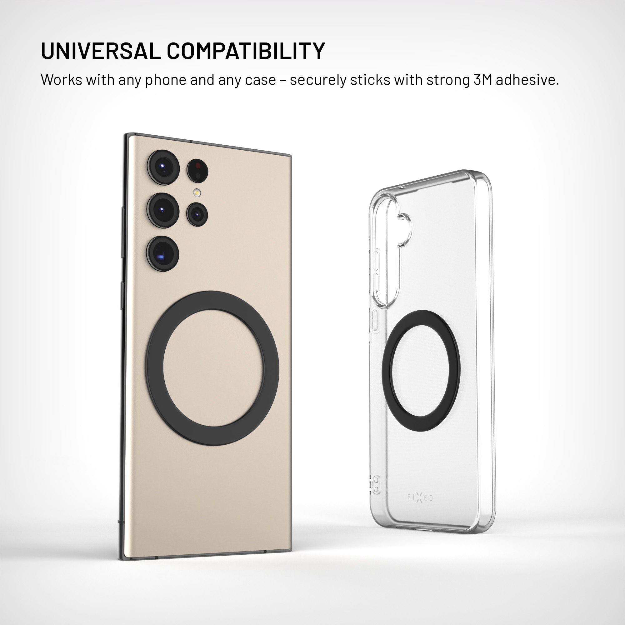 Ein beiges Smartphone und eine transparente Hülle, beide mit schwarzem Magnetring auf der Rückseite vor weißem Hintergrund.