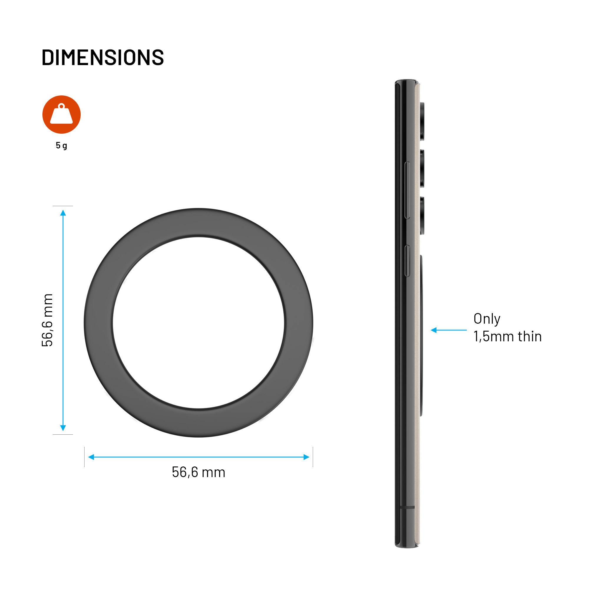 Maßgrafik mit einem 5g schweren schwarzen Ring, 56,6 mm Durchmesser, und einem Telefonprofil mit 1,5 mm Dicke.