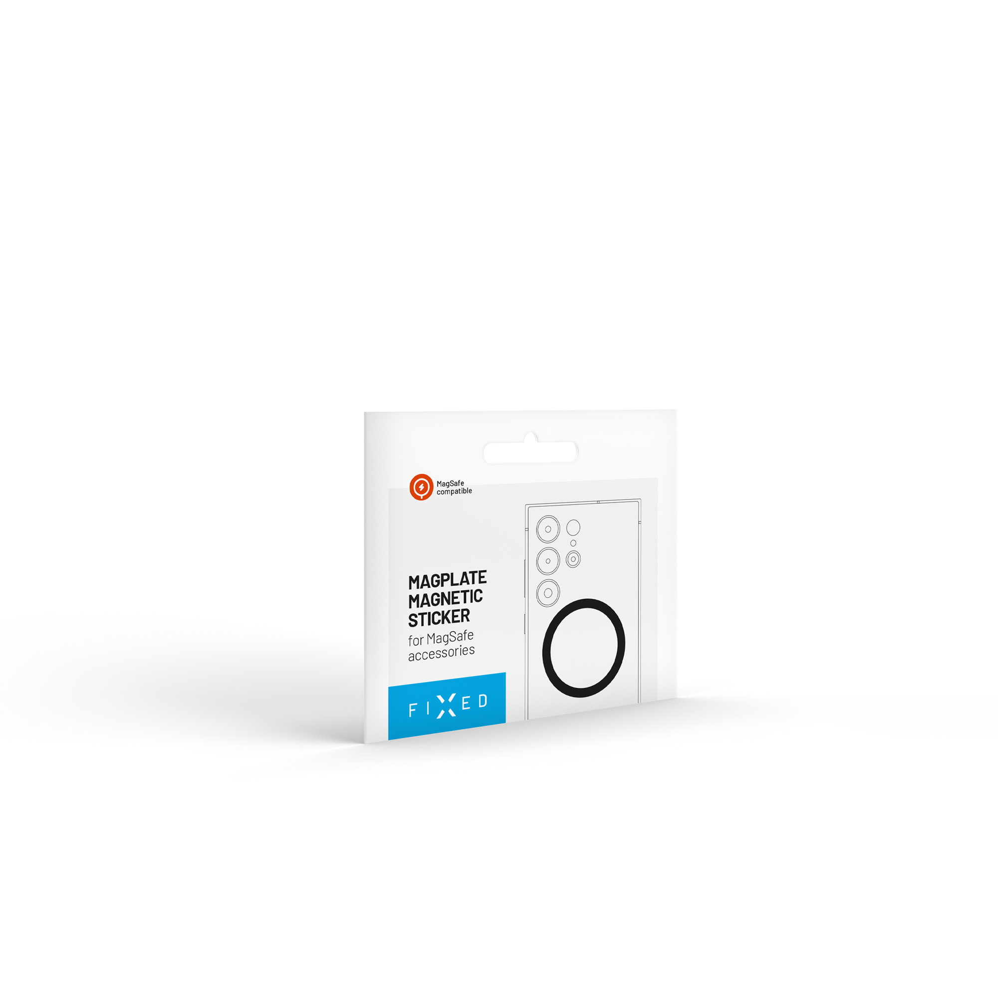 Weiße Verpackung für ein MagPlate Magnetsticker, MagSafe kompatibel, mit FIXED-Logo.