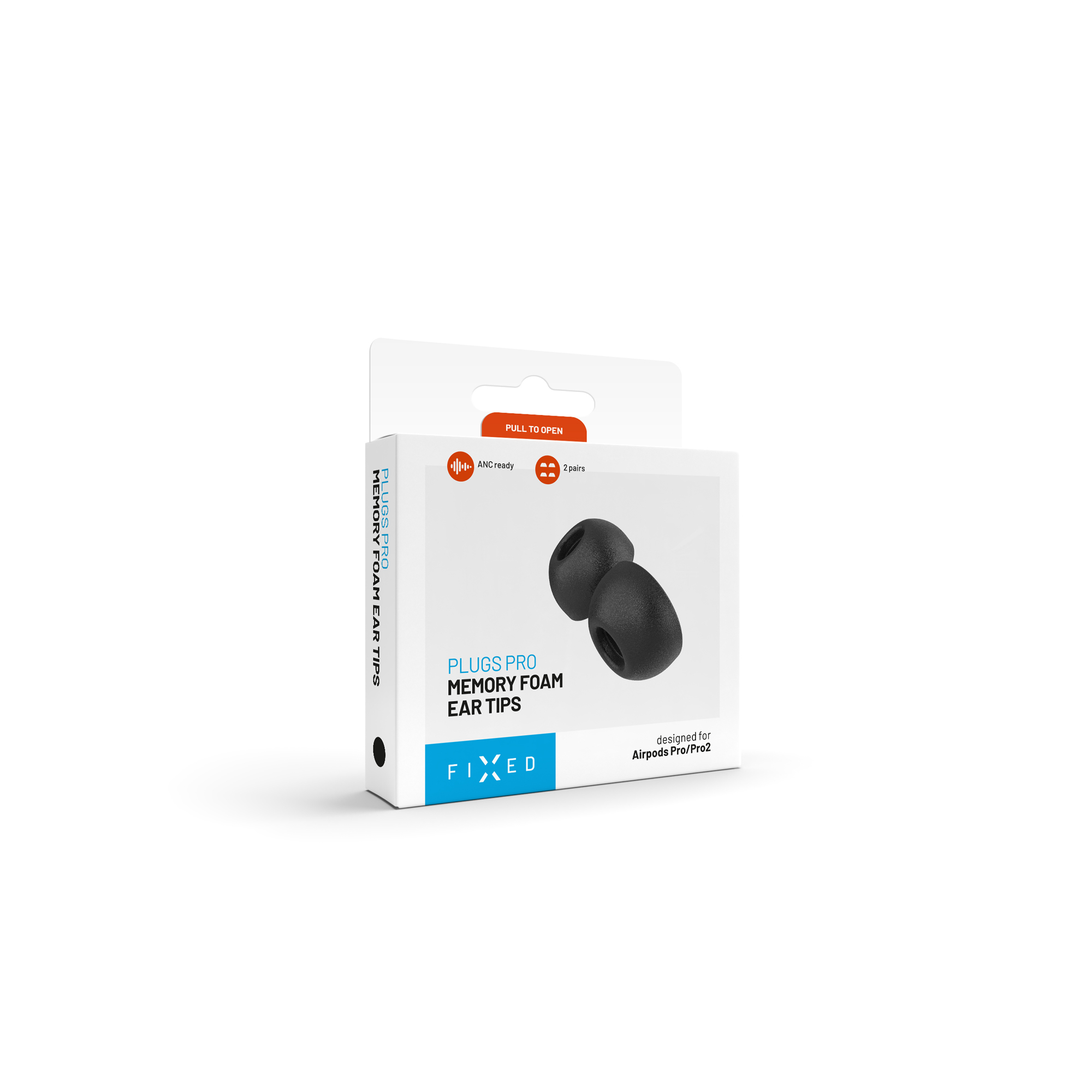 Verpackung von Fixed Plugs Pro Memory Schaumstoff Ohrstöpseln für AirPods Pro/Pro2 auf weißem Hintergrund.