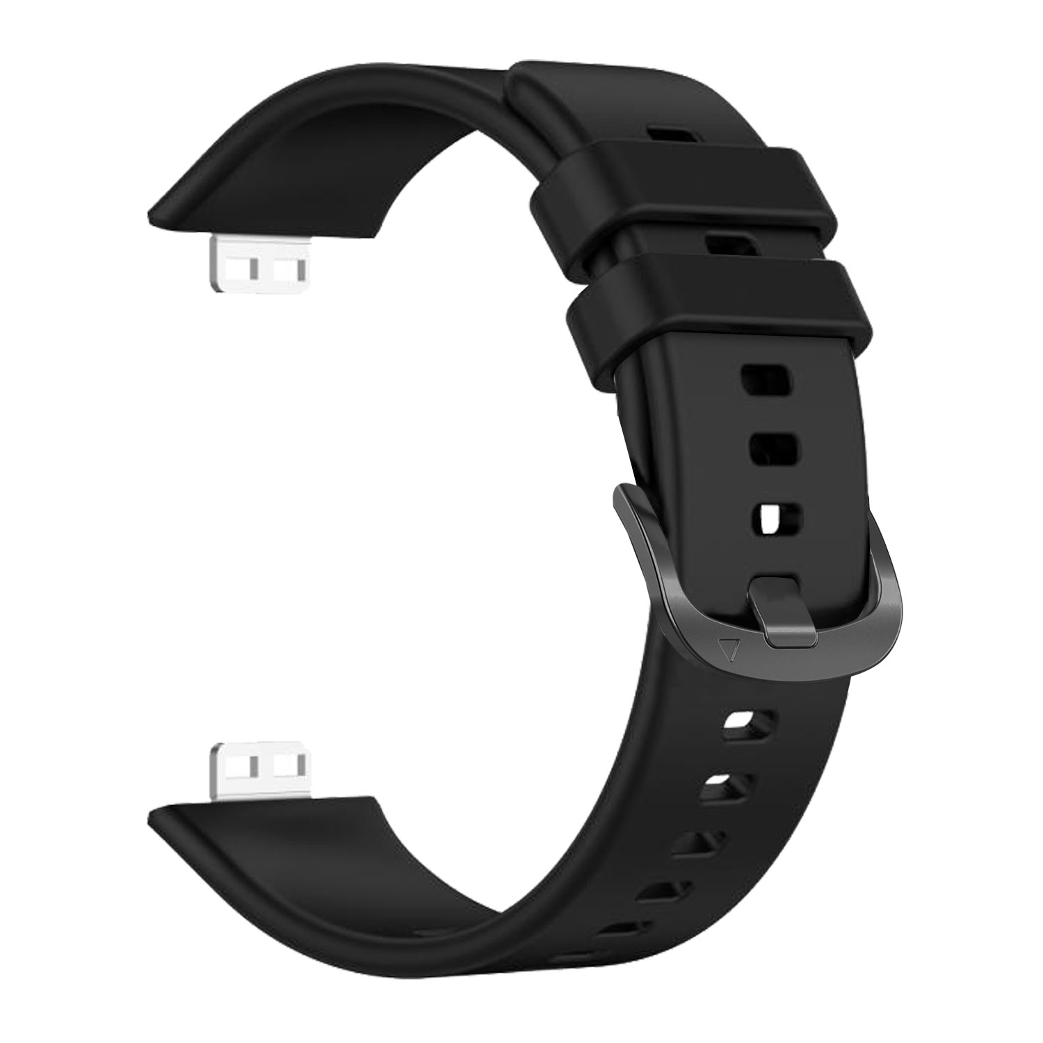 Una correa de reloj de silicona negra con hebilla metálica y conectores sobre fondo blanco.