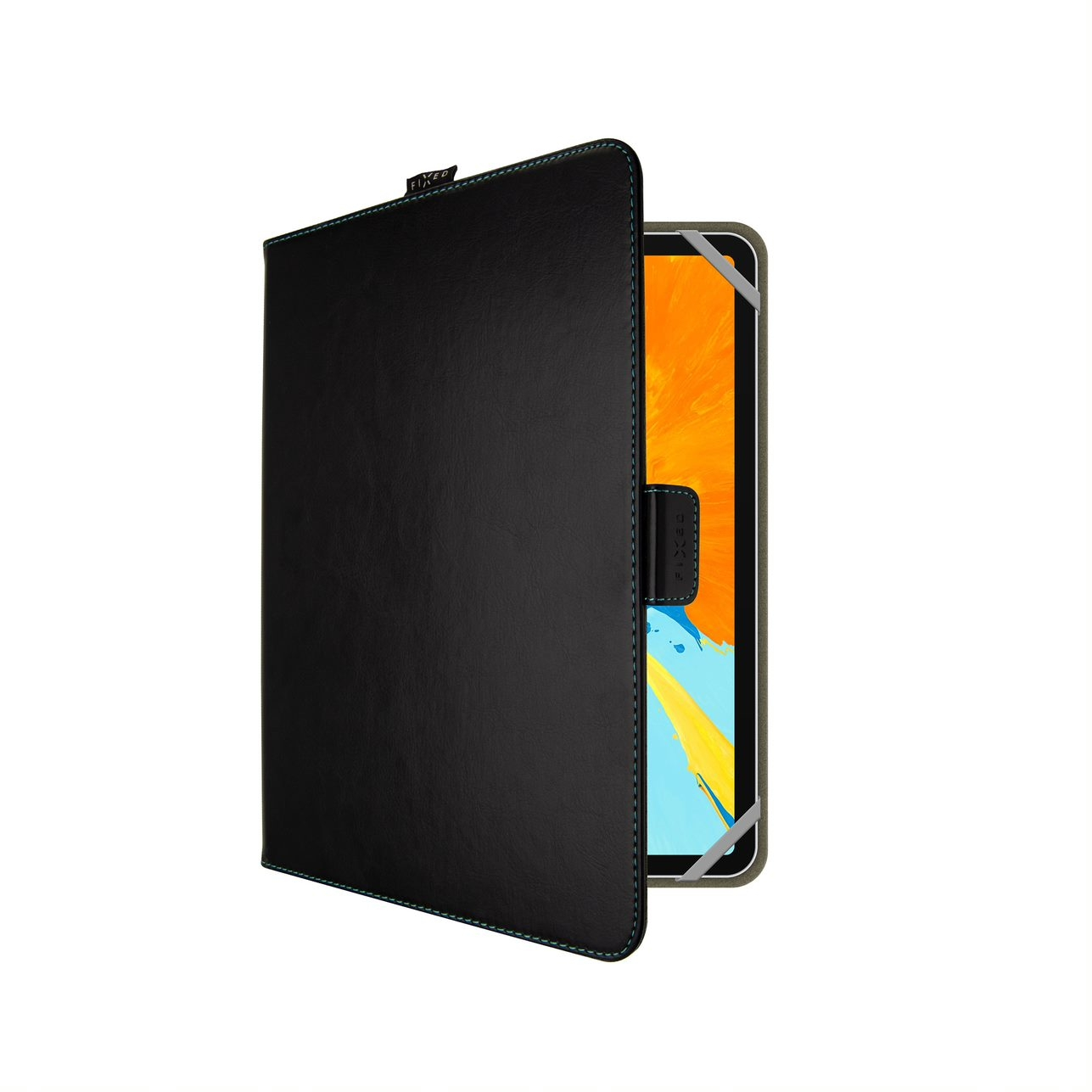 Una funda de tableta de cuero negro con costuras azules que sostiene una tableta con pantalla colorida.