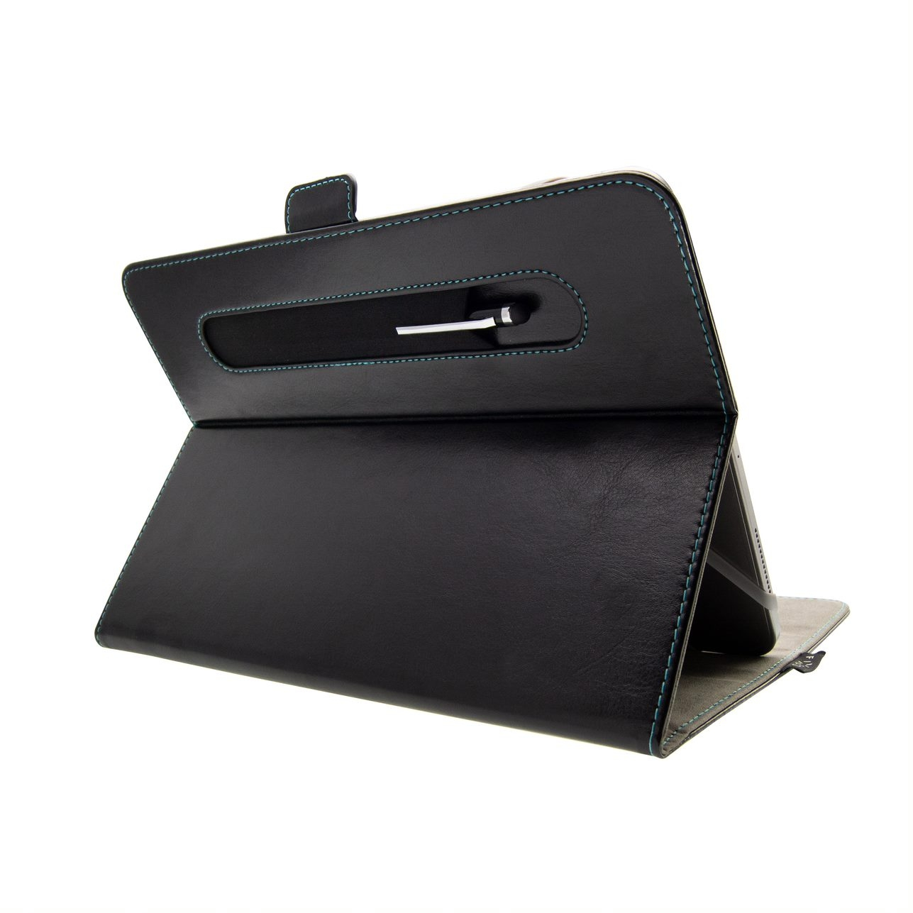 Funda de cuero negro para tableta con costuras azules y portalápices sobre fondo blanco.