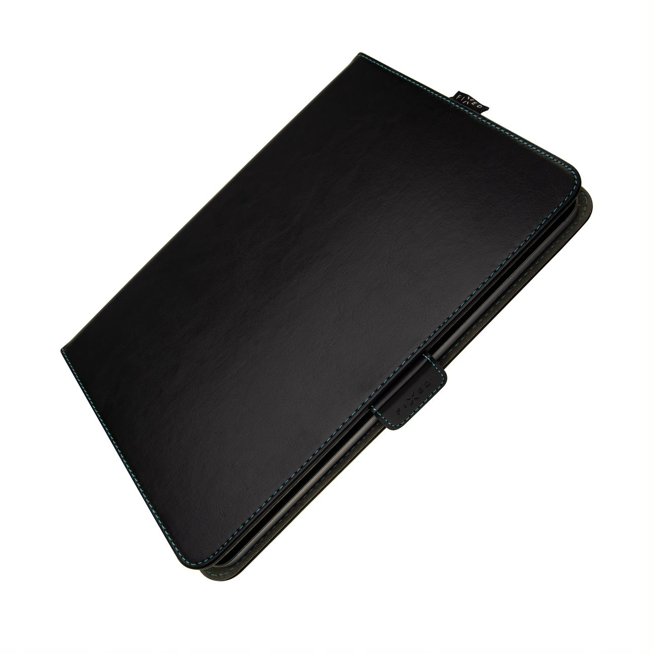 Una funda de tableta de cuero negro con costuras azules sobre fondo blanco.