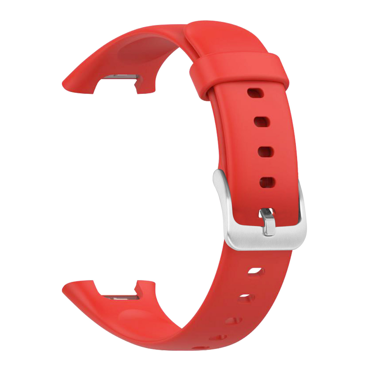 Una correa de reloj de silicona rojo brillante con hebilla plateada y agujeros ajustables sobre un fondo blanco.
