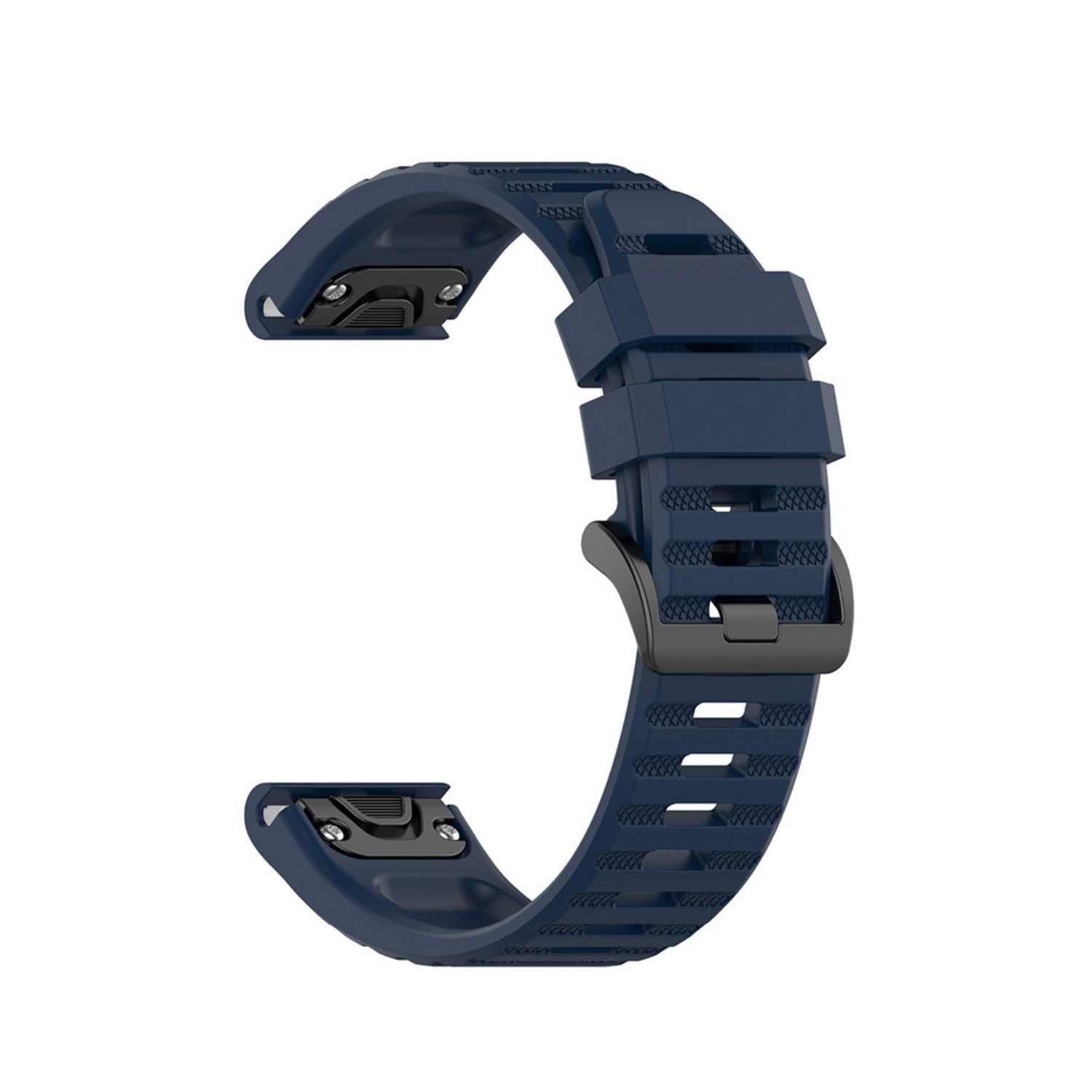Ein strukturiertes, dunkelblaues Silikon-Smartwatch-Armband mit schwarzer Schließe auf weißem Hintergrund.