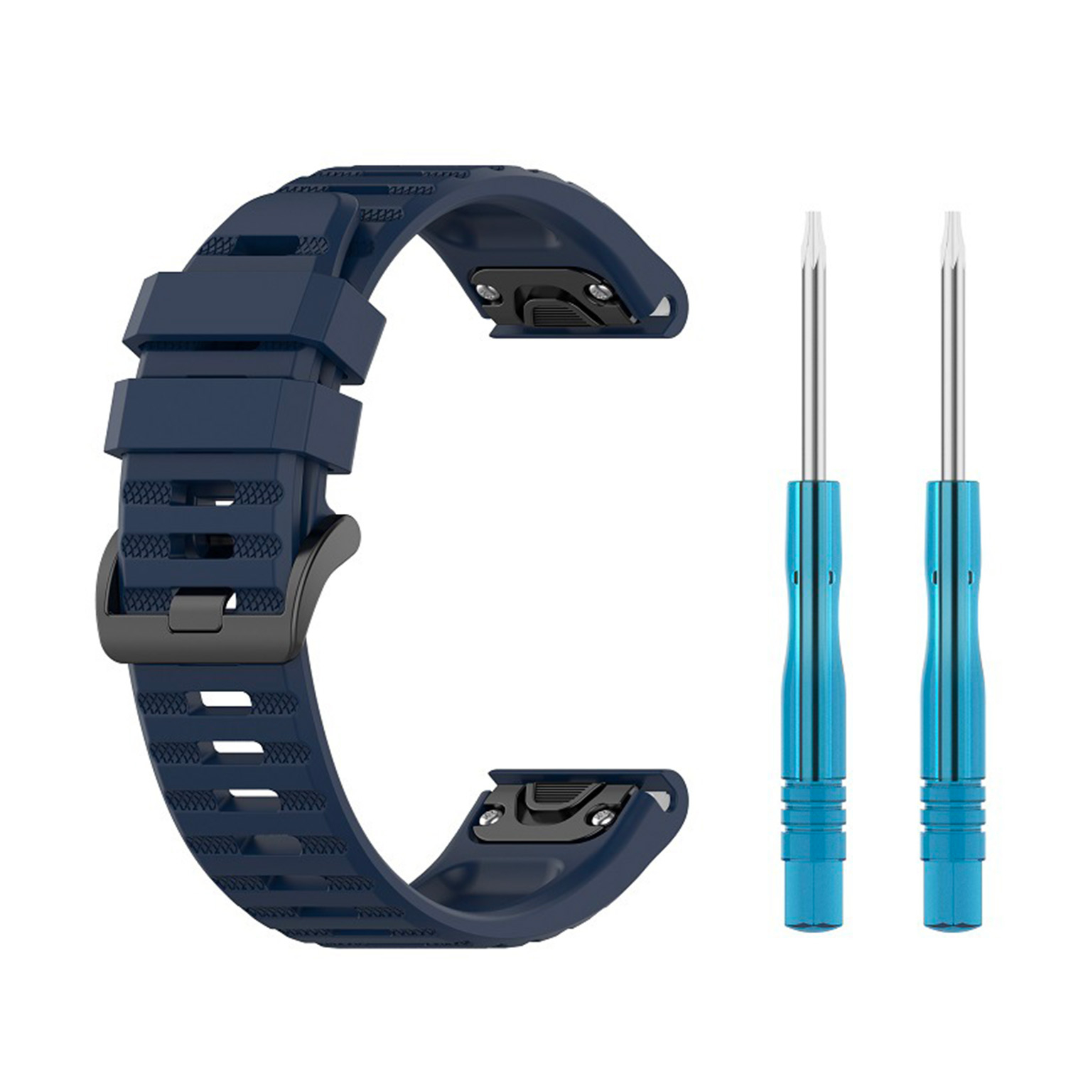Dunkelblaues Silikonarmband mit schwarzer Schnalle und zwei kleinen blauen Schraubendrehern.