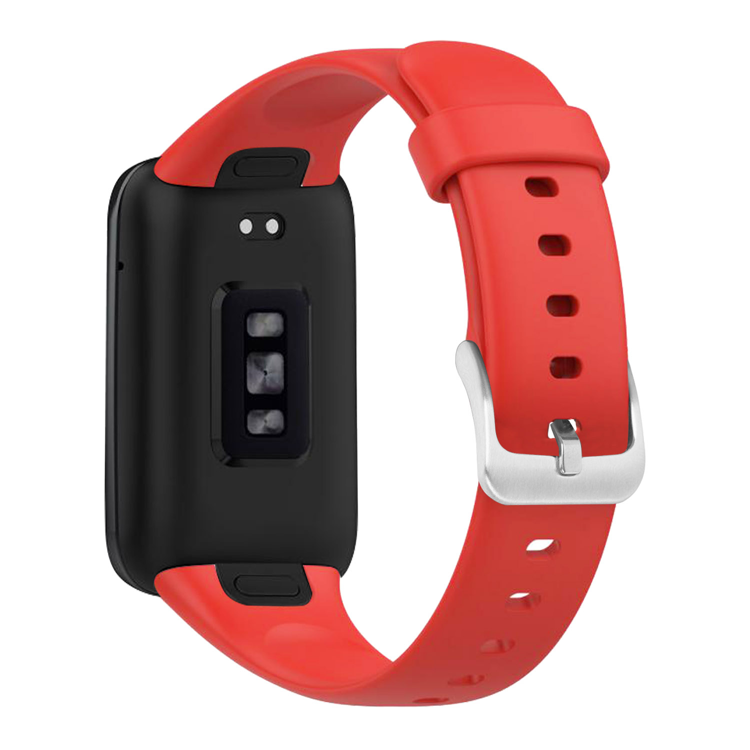 Parte trasera de un reloj inteligente con caja negra, sensores y correa de silicona roja con hebilla plateada.