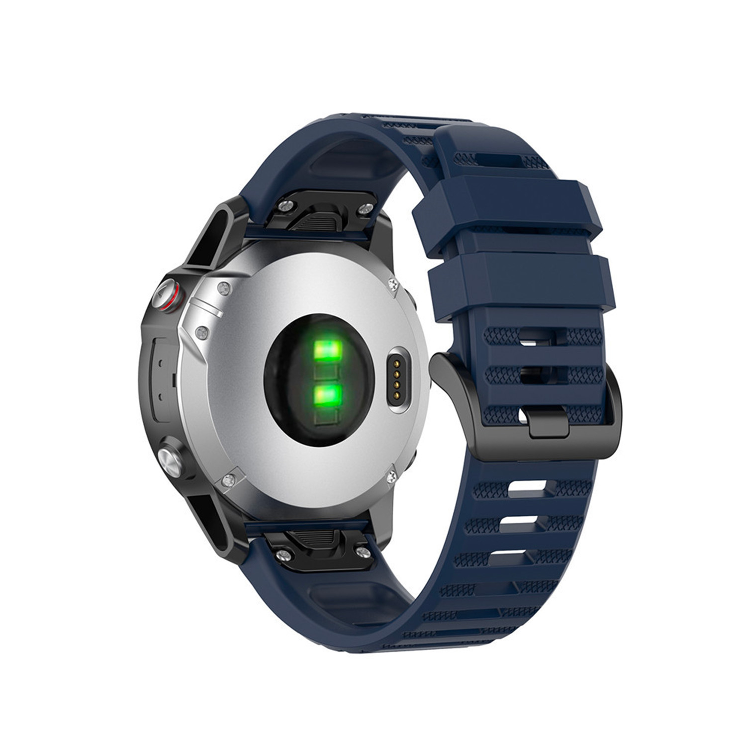 Rückseite einer dunkelblauen Smartwatch mit leuchtend grünen Sensoren und silbernem Gehäuse auf weißem Hintergrund.