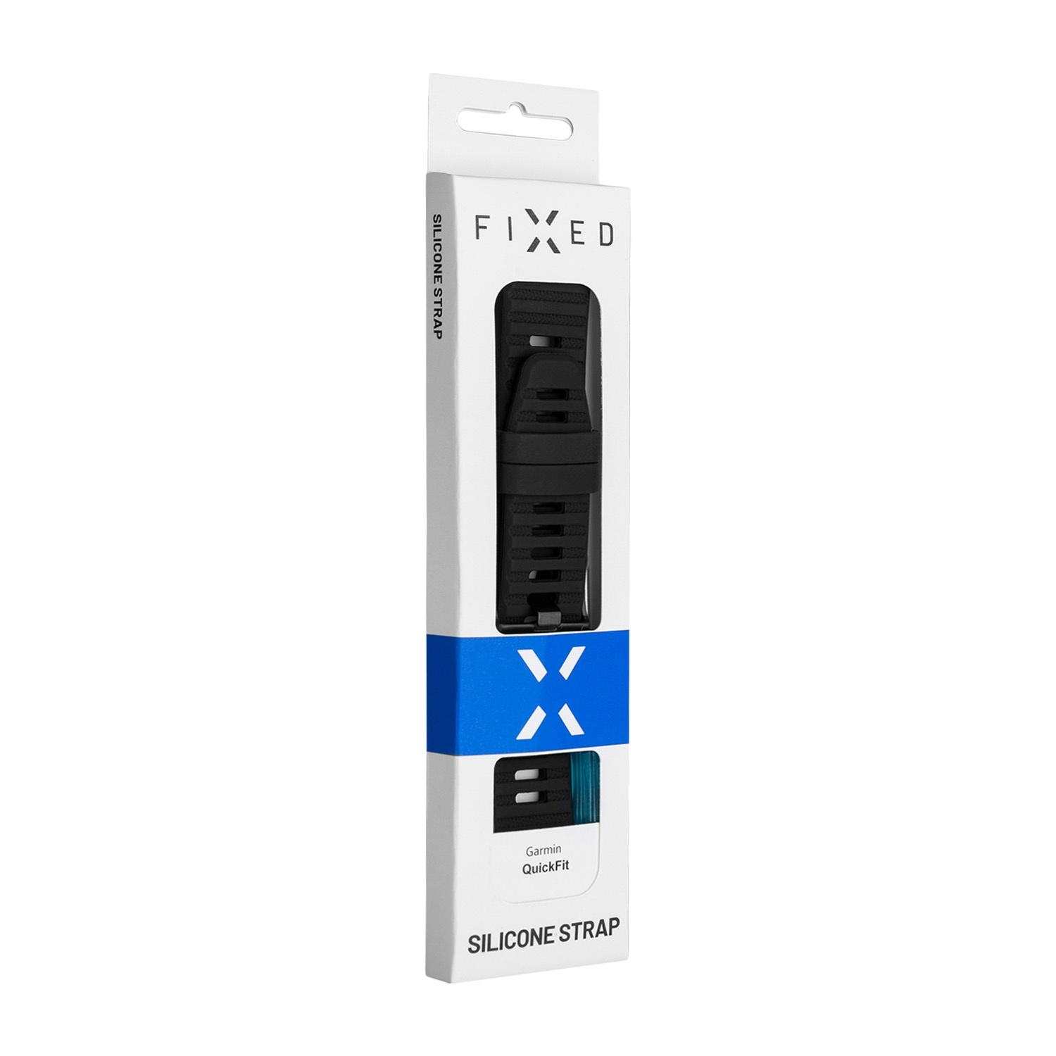 Verpackung eines schwarzen FIXED Silikonarmbands für Garmin QuickFit vor weißem Hintergrund.