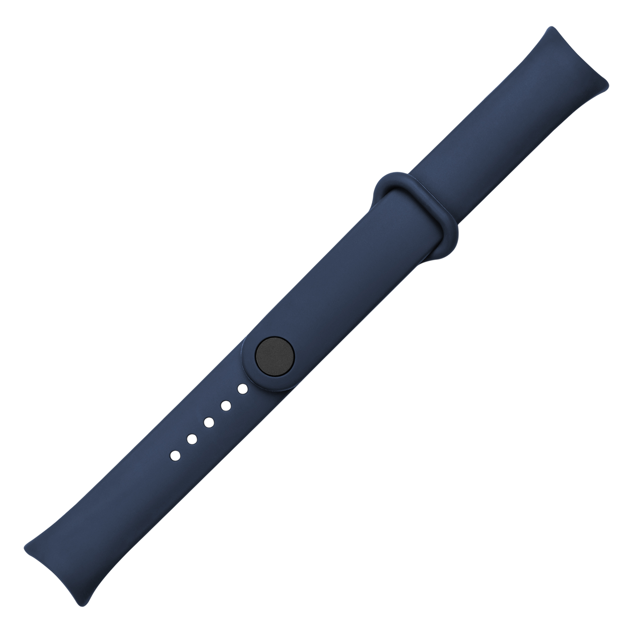 Dunkelblaues Silikon-Uhrenarmband mit schwarzem Druckknopf und weißen Einstelllöchern auf weißem Hintergrund.