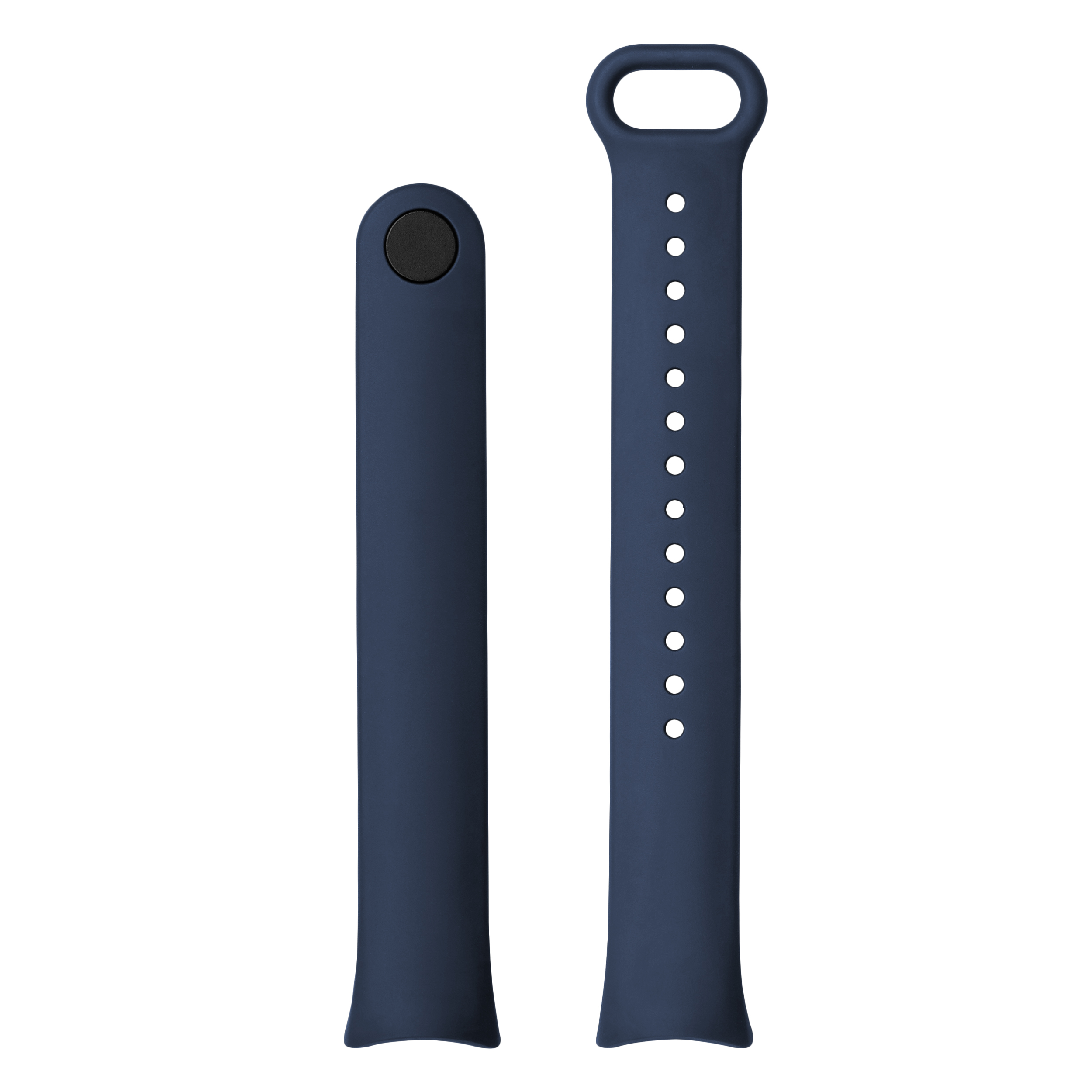 Dunkelblaue Silikon-Smartwatch-Armbänder mit Löchern auf weißem Hintergrund.