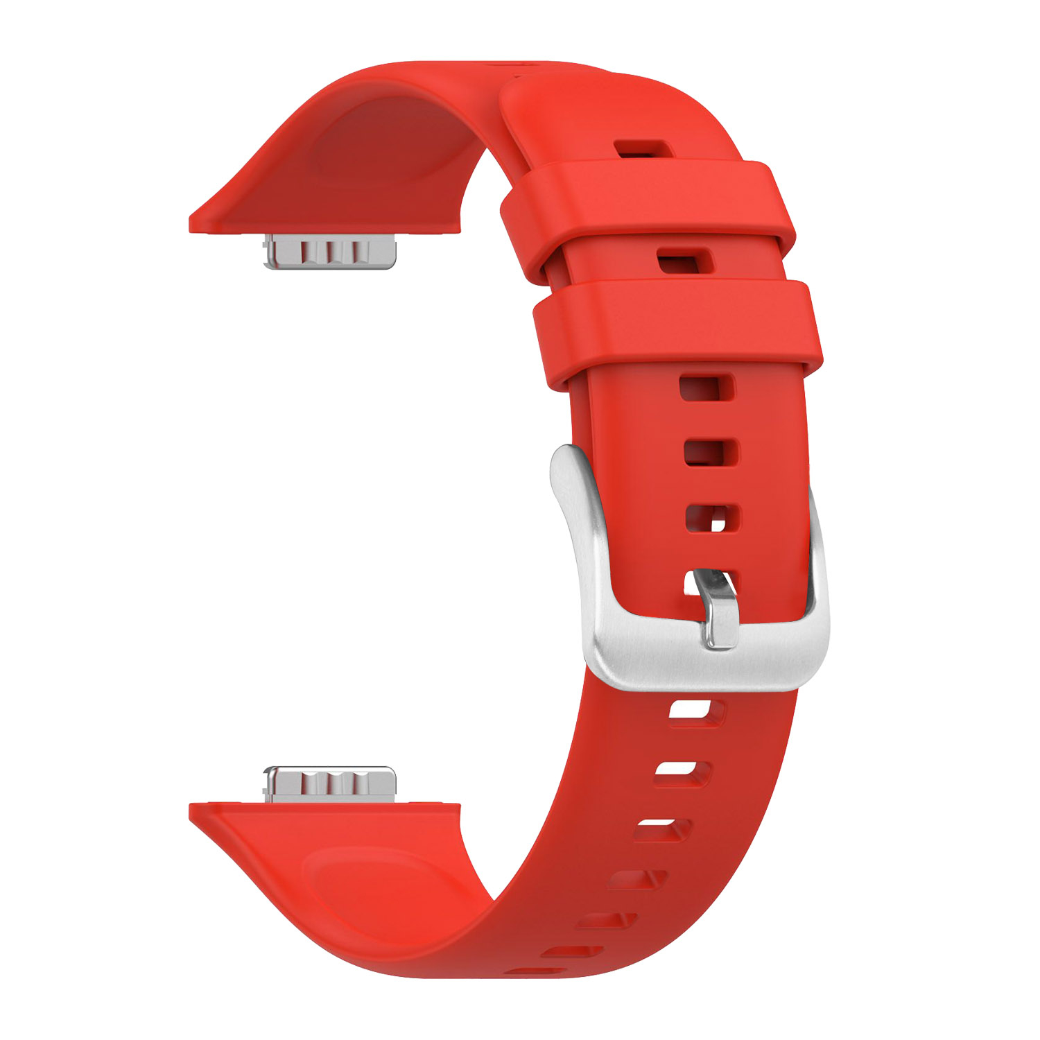 Una correa de reloj de silicona roja con hebilla plateada y conectores metálicos sobre fondo blanco.