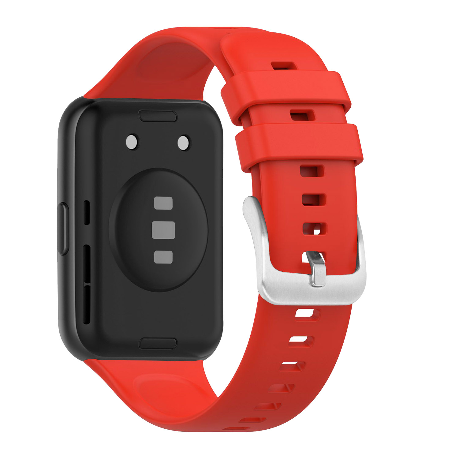 Vista trasera de un reloj inteligente con caja rectangular negra y correa de silicona roja sobre fondo blanco.
