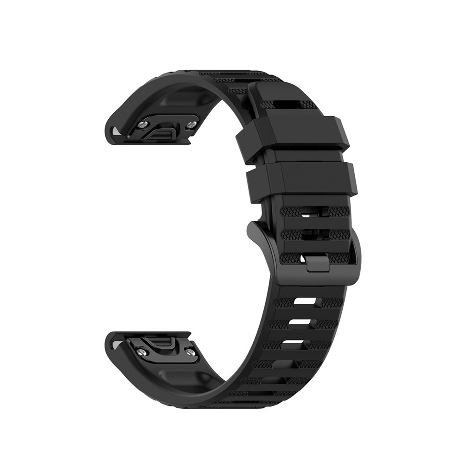 Ein schwarzes, strukturiertes Silikon-Uhrenarmband mit Schnalle vor weißem Hintergrund.