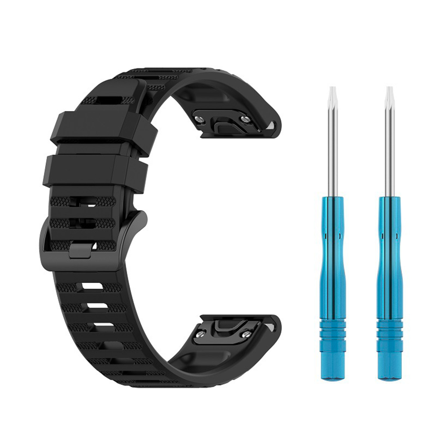 Ein schwarzes Silikonarmband mit Schnalle und zwei blauen Schraubendrehern auf weißem Hintergrund.