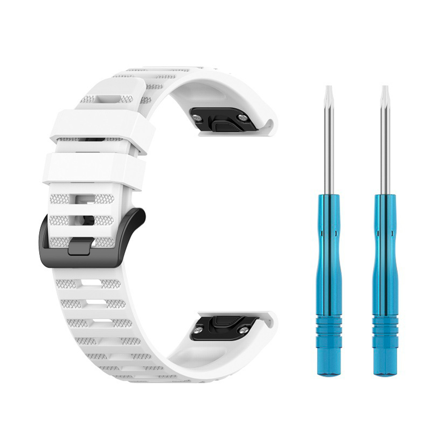 Weißes Silikon-Uhrenarmband mit schwarzer Schnalle und zwei kleinen blauen Schraubendrehern vor weißem Hintergrund.