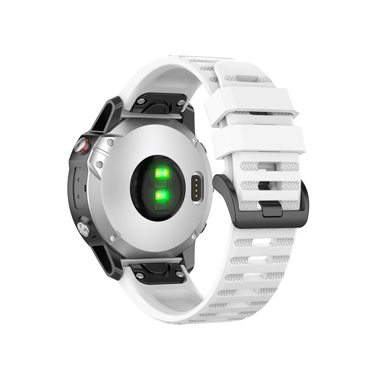 Rückseite einer Smartwatch mit weißem Silikonarmband und leuchtend grünen Herzfrequenzsensoren.
