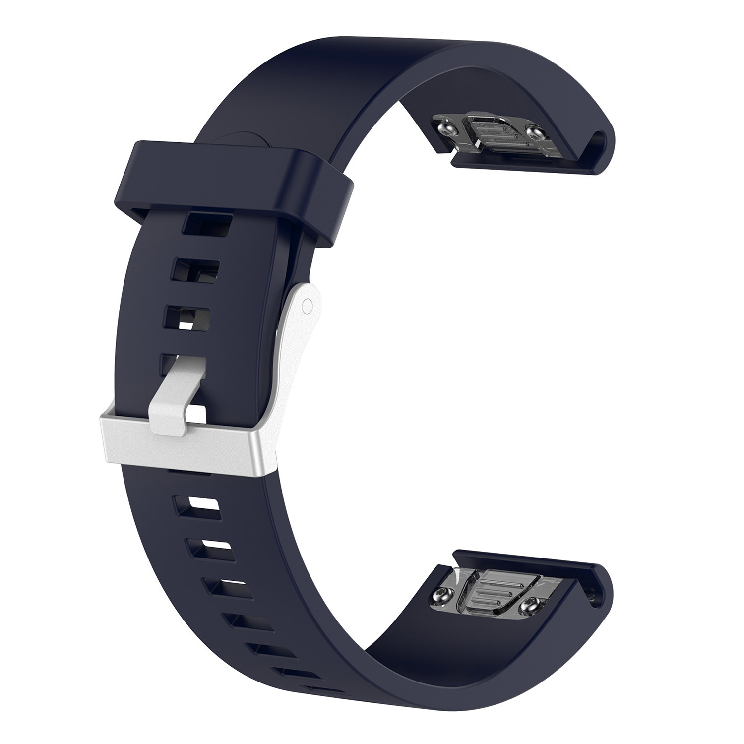Dunkelblaues Silikon-Uhrenarmband mit silberner Schließe vor weißem Hintergrund.