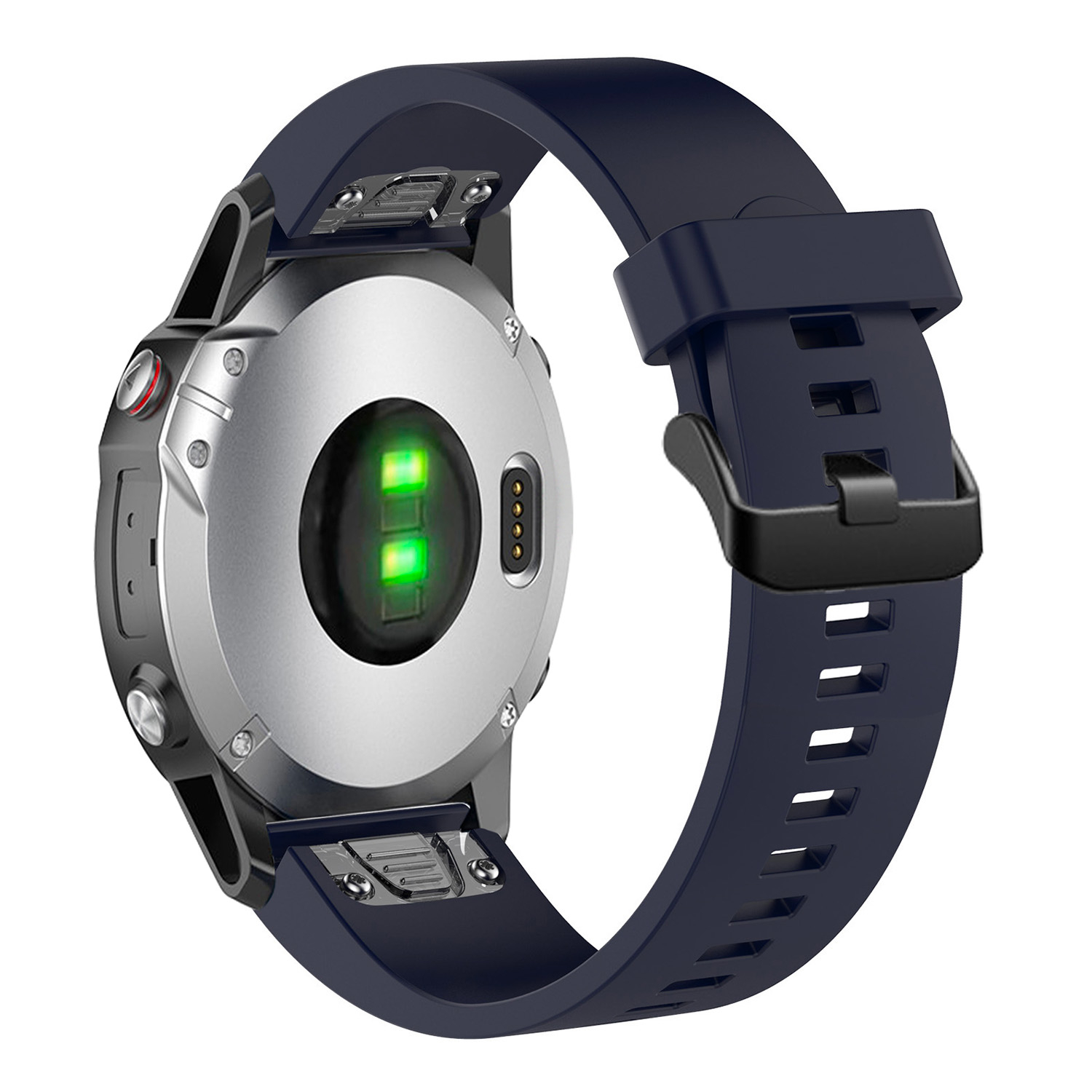 Rückseite einer Smartwatch mit silbernem Gehäuse, leuchtend grünen Sensoren und dunkelblauem Silikonarmband.