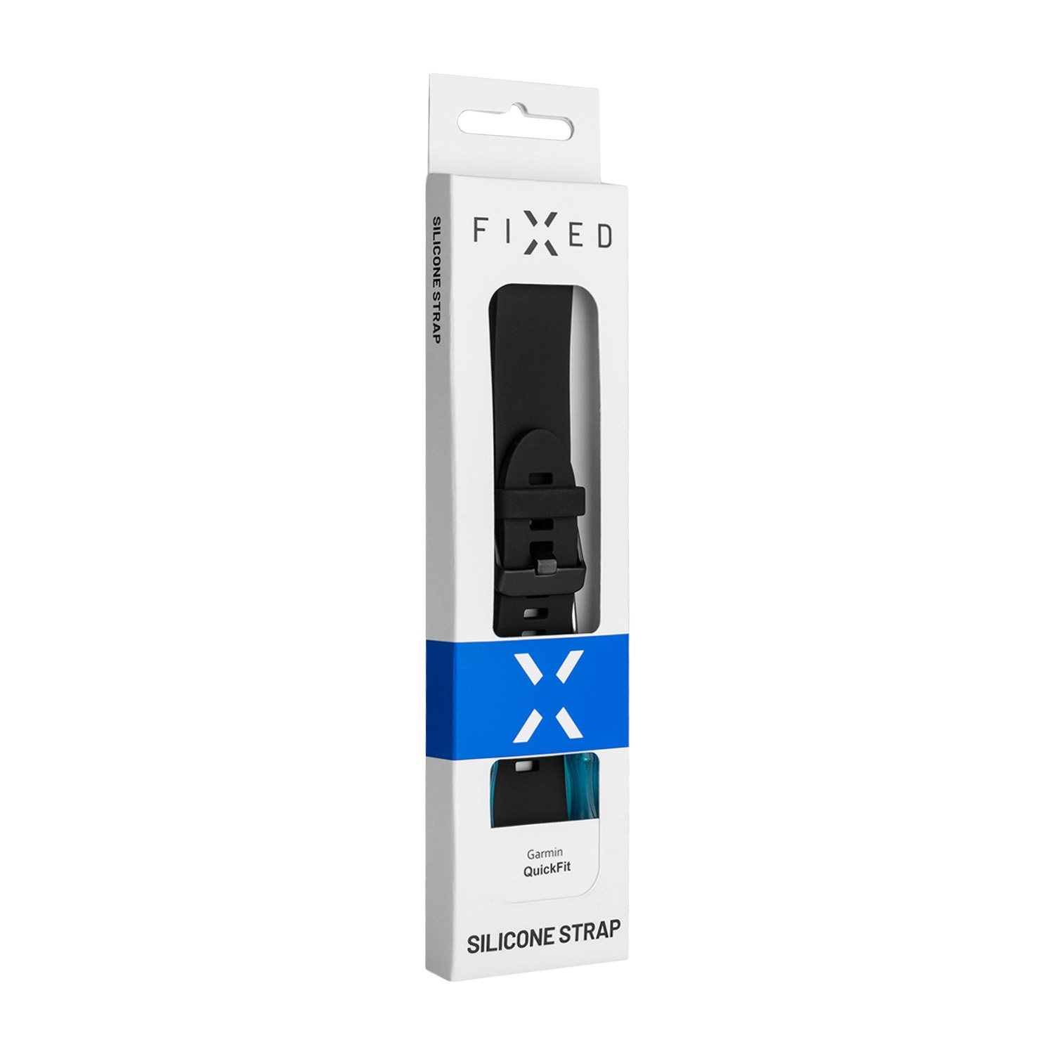 Eine weiße und blaue Box mit der Aufschrift FIXED enthält ein schwarzes Silikonarmband für Garmin.