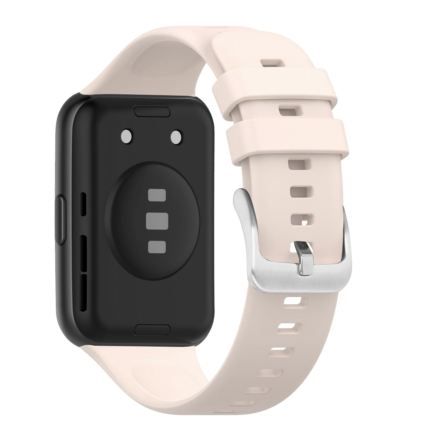Rückseite einer schwarzen Smartwatch mit Sensoren und einem hellrosa Silikonarmband mit Metallschnalle auf weißem Hintergrund.