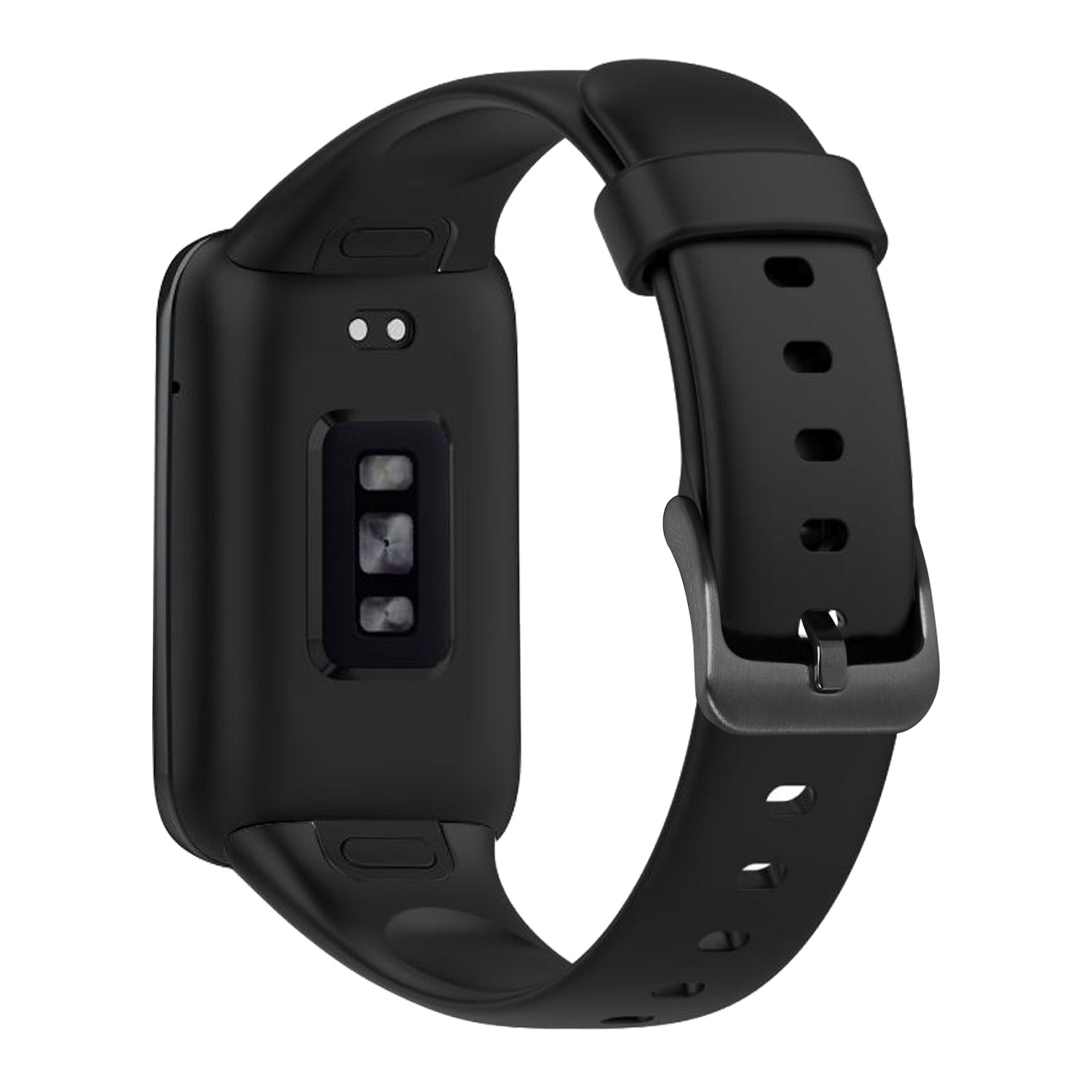 Parte trasera de un reloj inteligente negro con sensores y correa sobre fondo blanco.