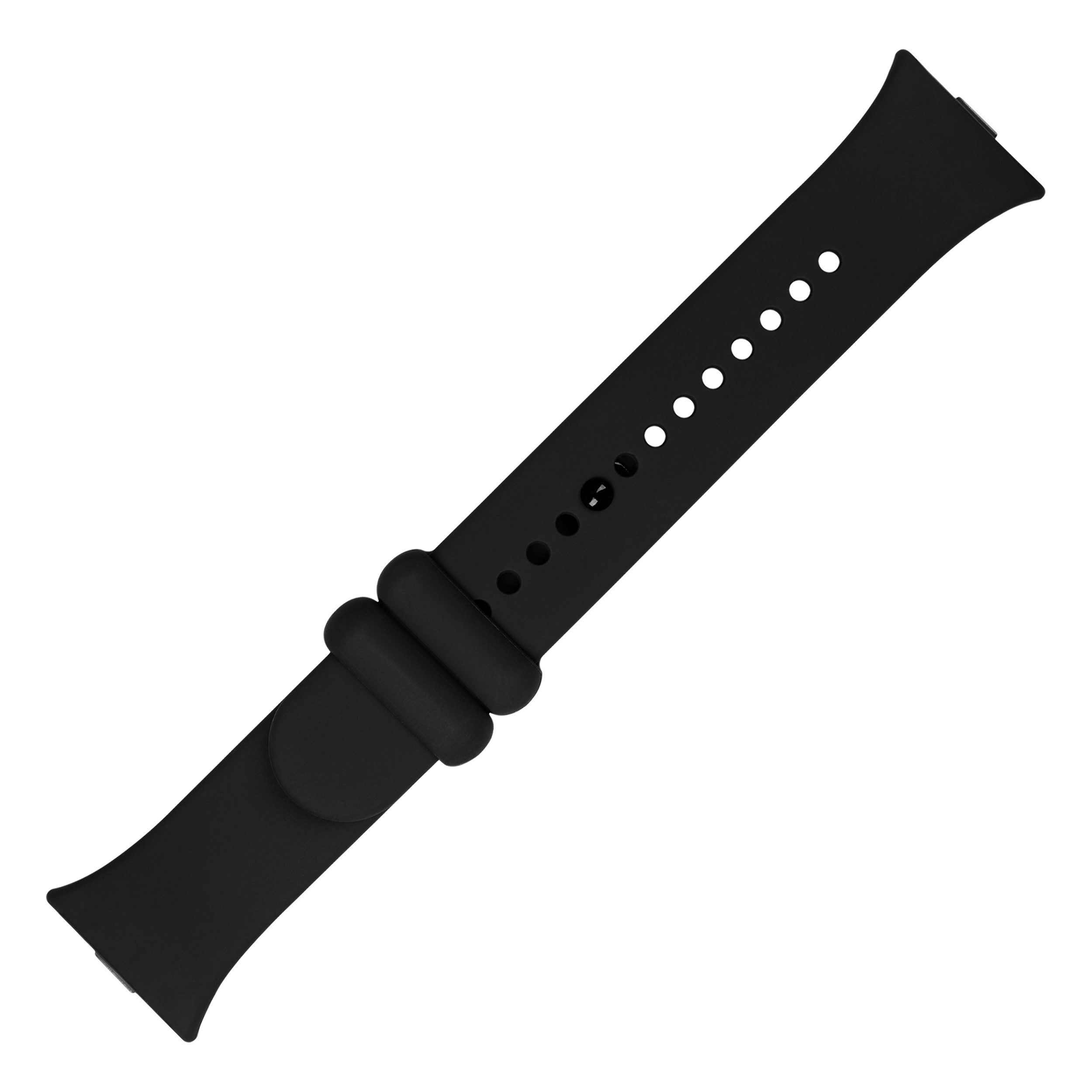 Ein schwarzes Silikon-Uhrenarmband mit Lochmuster und zwei Schlaufen.