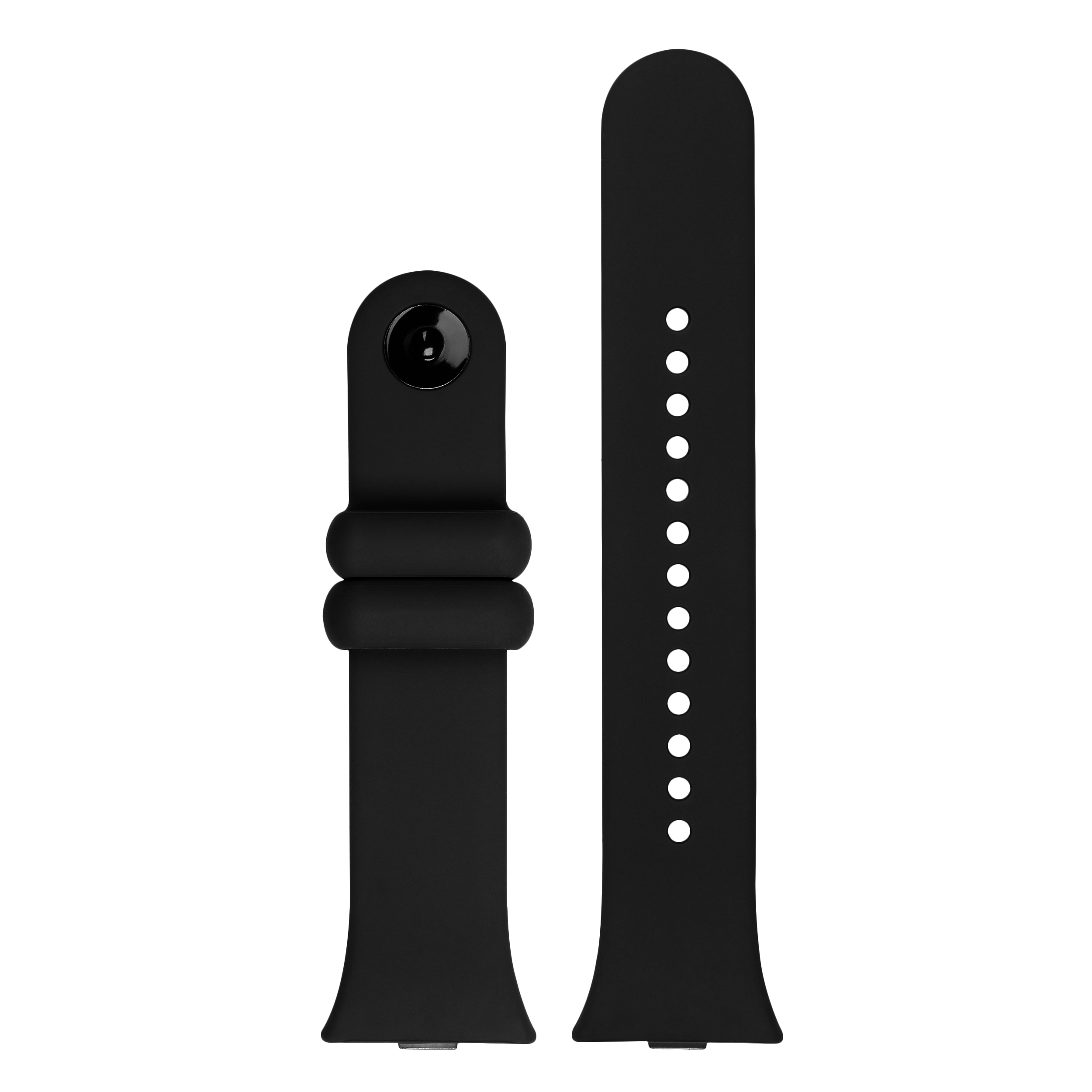 Ein zweiteiliges schwarzes Silikonarmband mit Druckknopf und Löchern auf einem weißen Hintergrund.