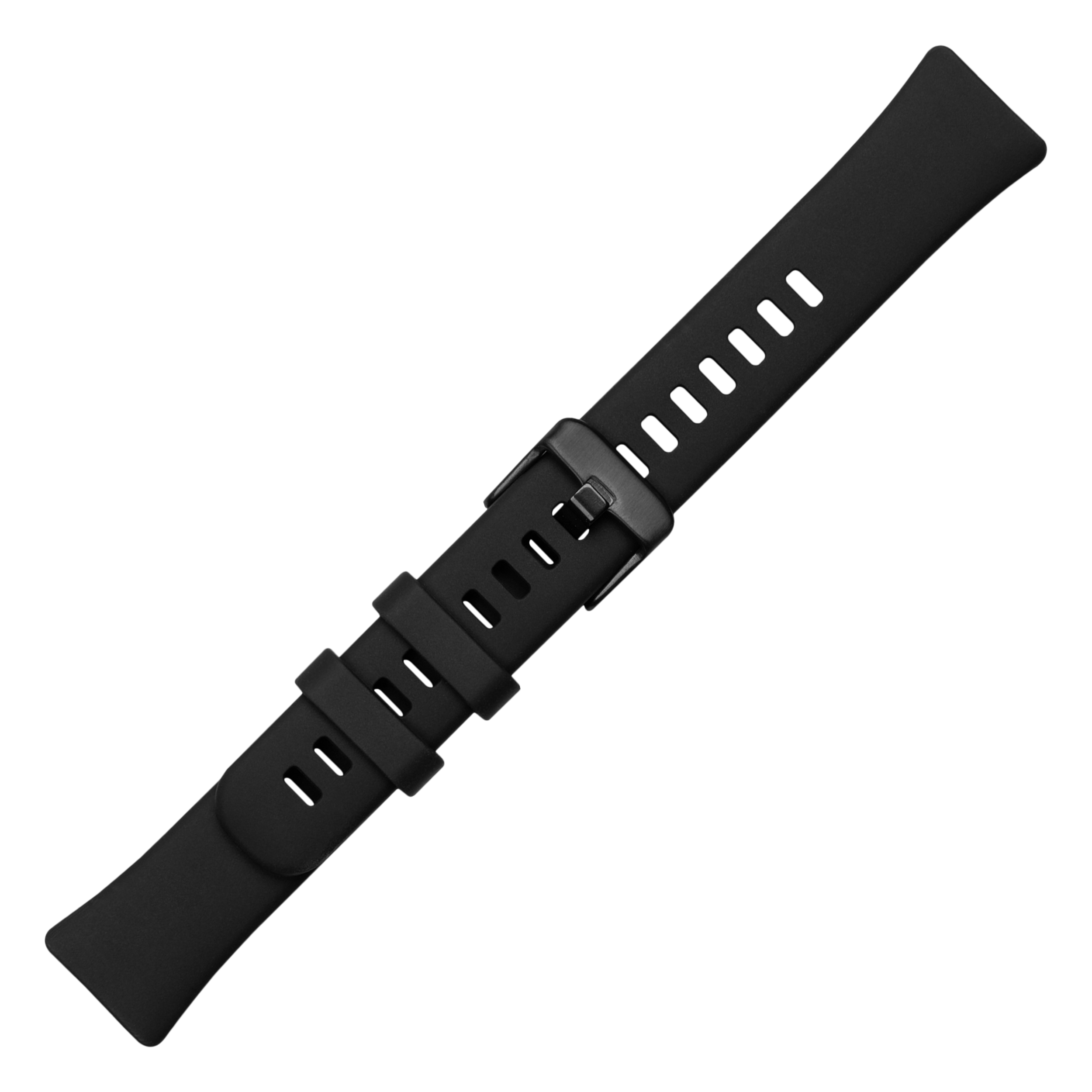 Diagonale Ansicht eines schwarzen Silikon-Uhrenarmbands mit Schnalle und zwei Schlaufen auf weißem Hintergrund.