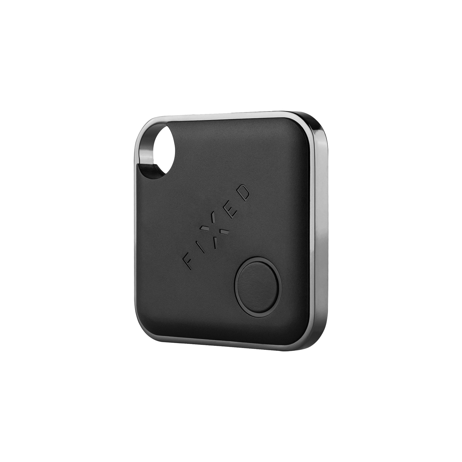 Ein schwarzer, quadratischer Bluetooth-Tracker mit silbernem Rand und einer runden Taste.