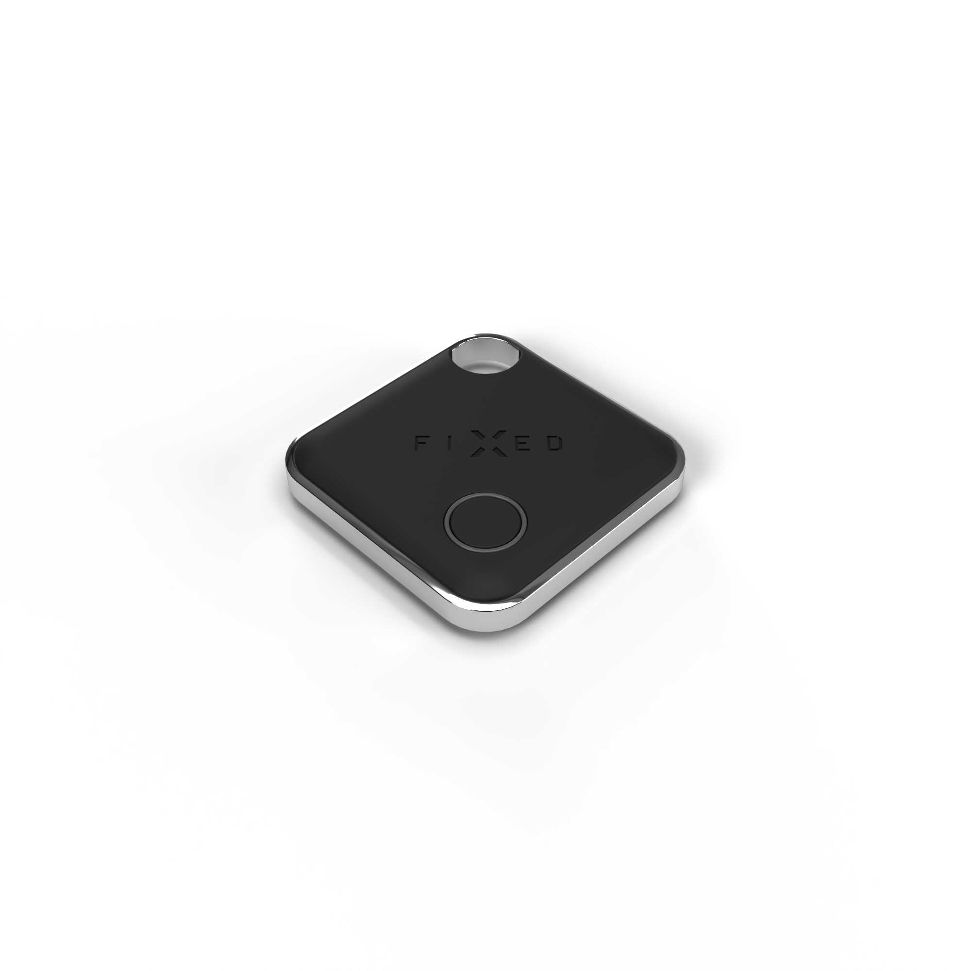 Ein quadratischer, schwarzer Bluetooth-Tracker mit silbernem Rahmen und einer Oese liegt auf weissem Grund.