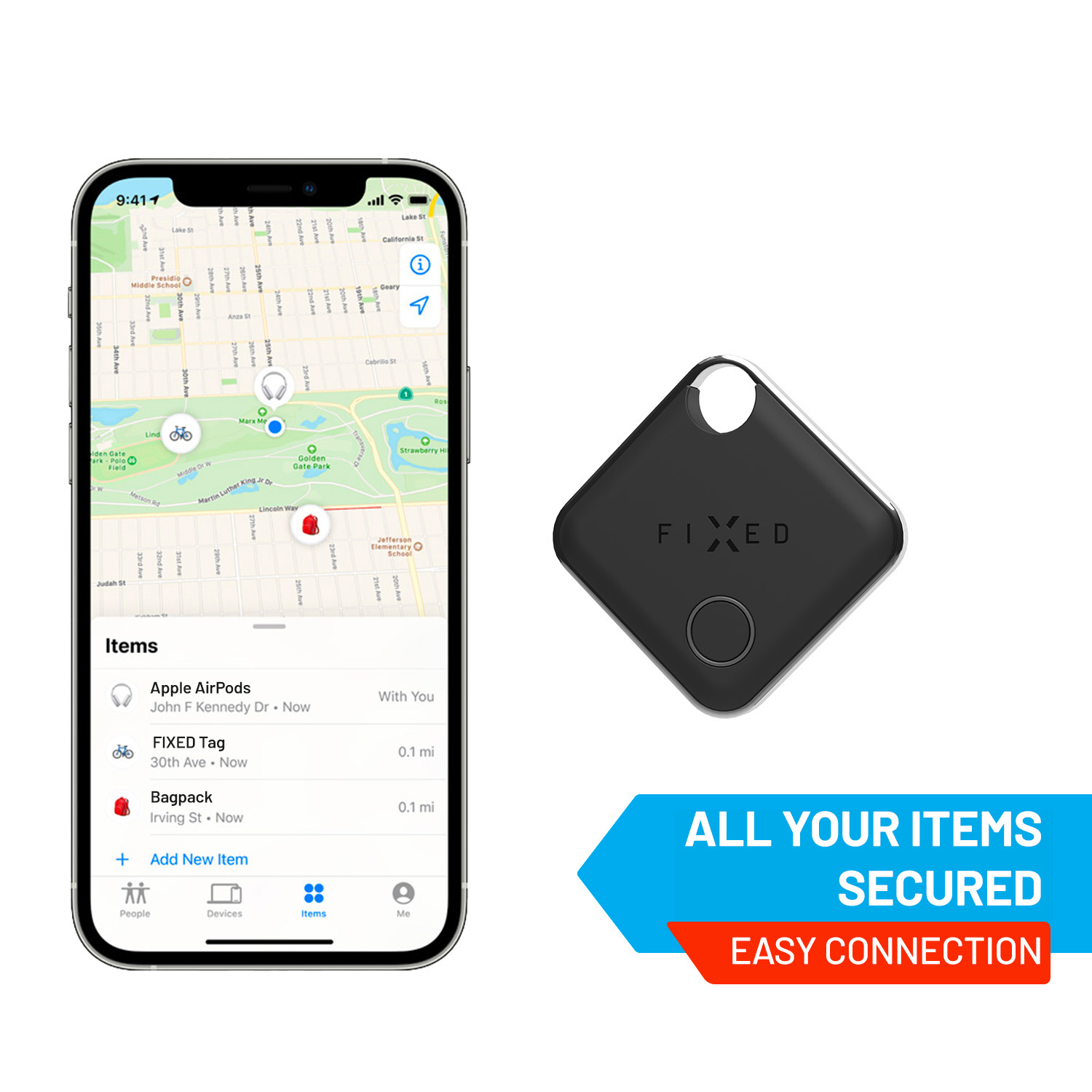 Smartphone mit Karten-App zur Elementverfolgung neben einem schwarzen FIXED-Tracking-Tag mit Text.